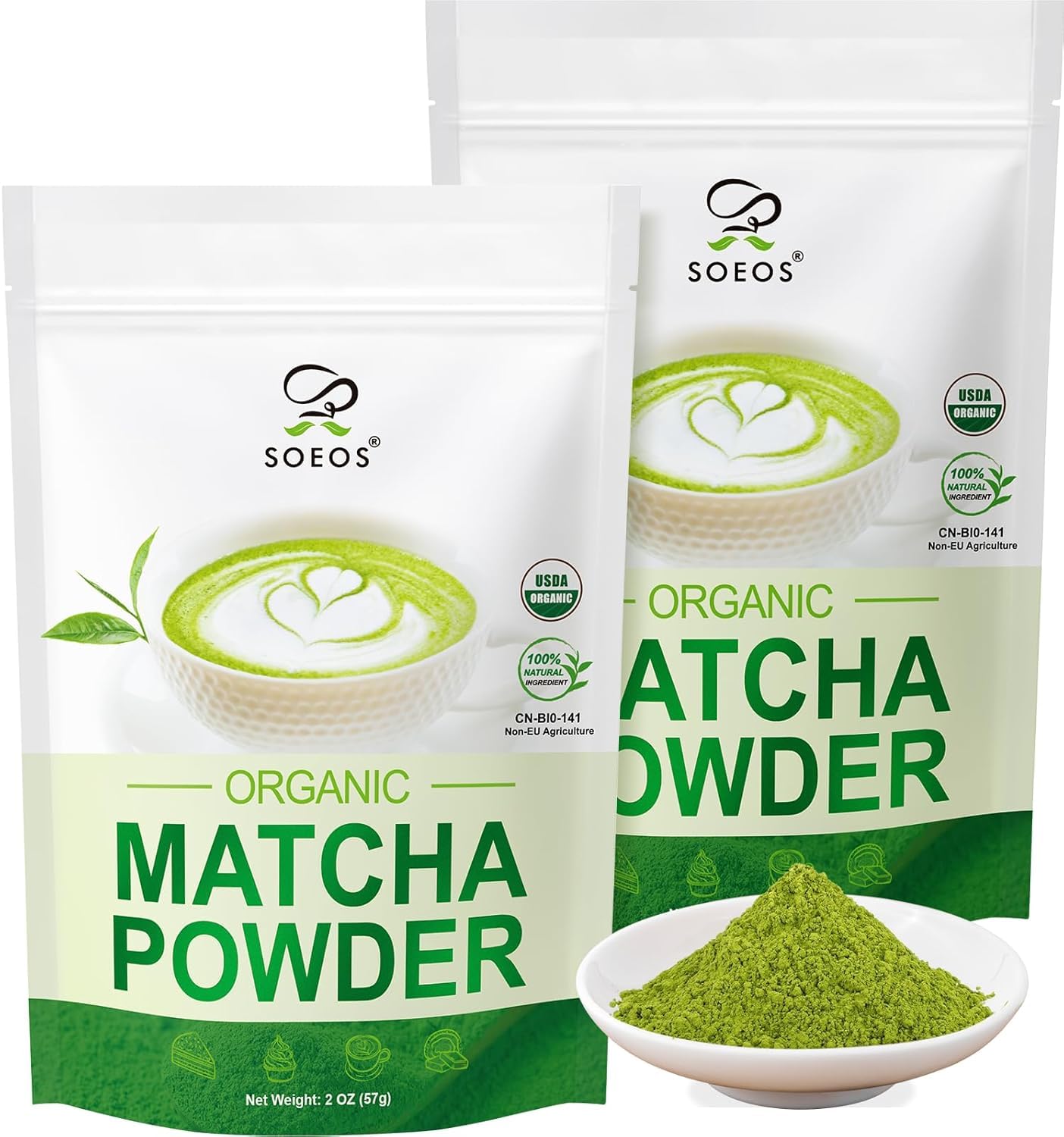 Soeos Organic Matcha Powder, Matcha Green Tea Powder, 2 oz (2 Pack), Total 4 oz, Antioxidant-Rich Japanese Matcha for Lattes, Smoothies and Baking, Recyclable Bags