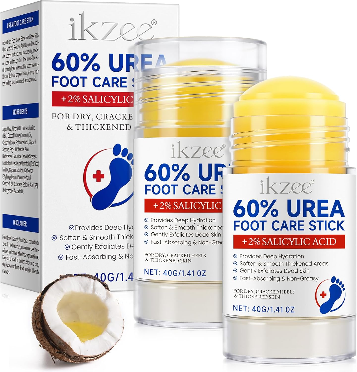 Urea Foot Cream 60 Percent Plus 2% Salicylic Acid, Urea Cream for Feet, Foot Cream for Cracked Heels and Dry Skin, Cracked Heel Repair Cream, Foot Moisturiser, Foot Balm Stick, 2PCS