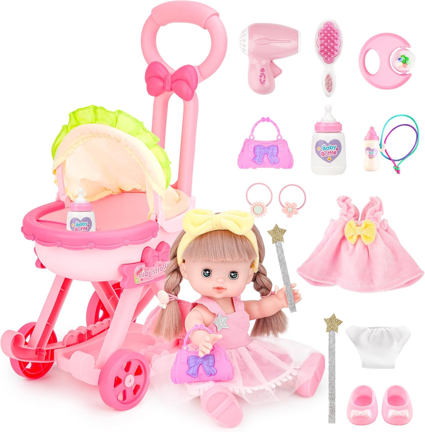 deAO Baby Doll Stroller with 12 inch Doll,Role Play Set with Foldable Stroller Toy,16 Pcs Baby Doll Accessories,Doll Nursery Play Set for 3 4 5Girls Kids