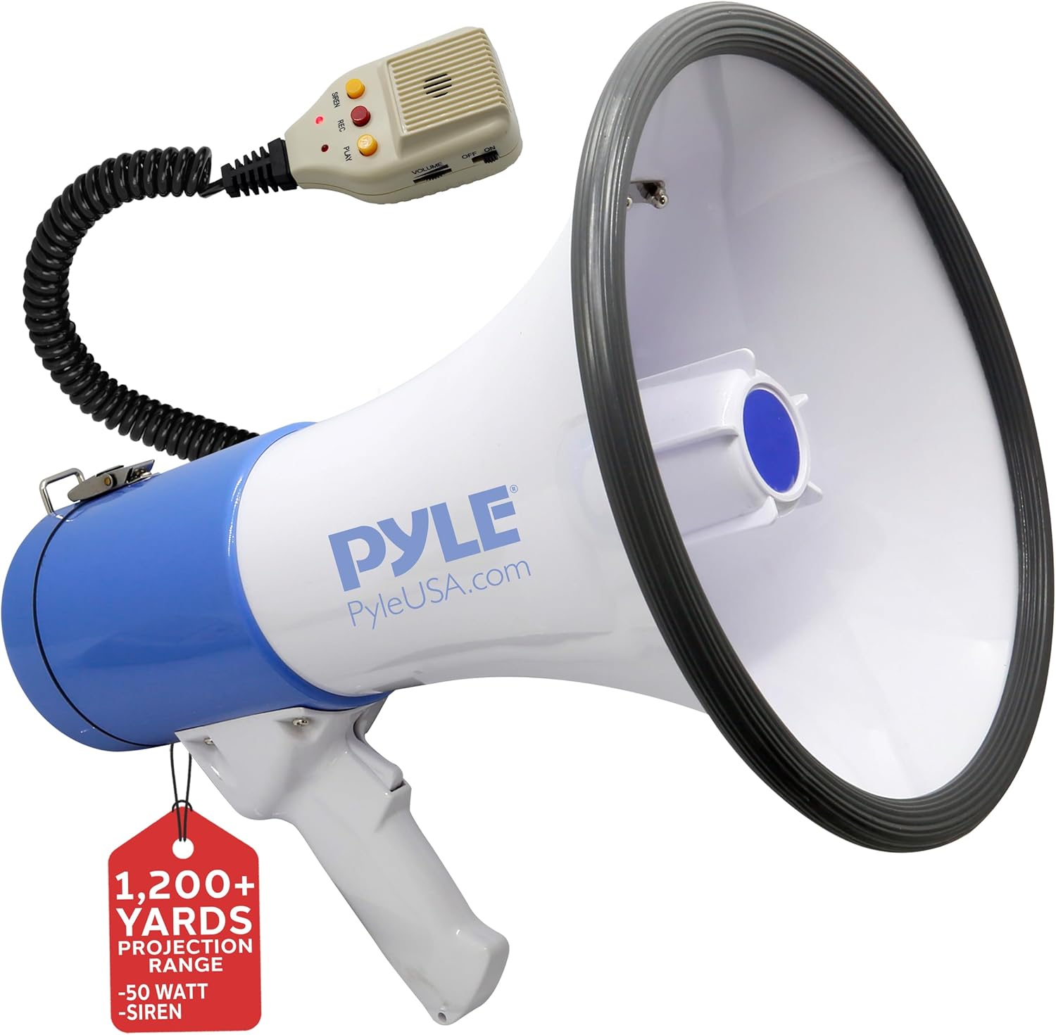 Pyle 50W Megaphone Bullhorn Speaker with Built-in Siren, Rechargeable Battery, 10-Second Record Function, Loud & Clear Sound for Sports Fans, Coaches, Cheerleading, or Safety Drills (PMP59IR)