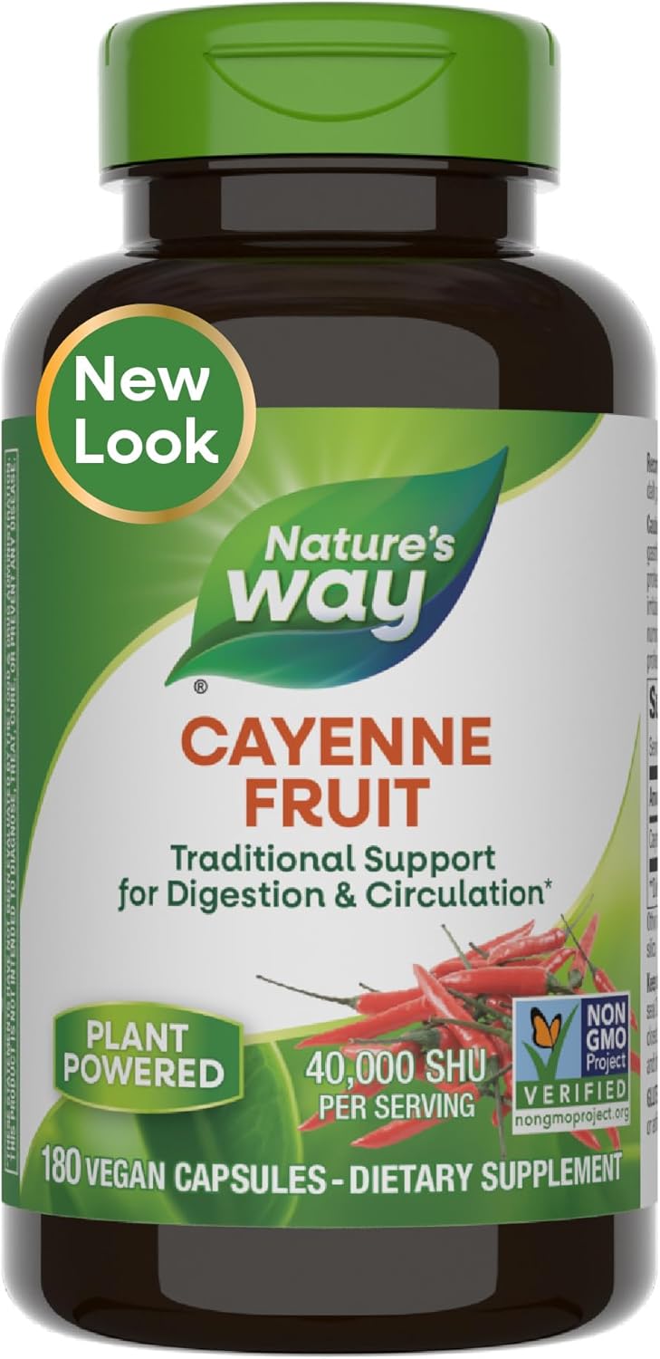 Nature's Way Cayenne Pepper, Traditional Digestion and Circulation Support*, Naturally-occurring Capsaicin, Non-GMO Project Verified, Gluten Free, 180 Vegetarian Capsules