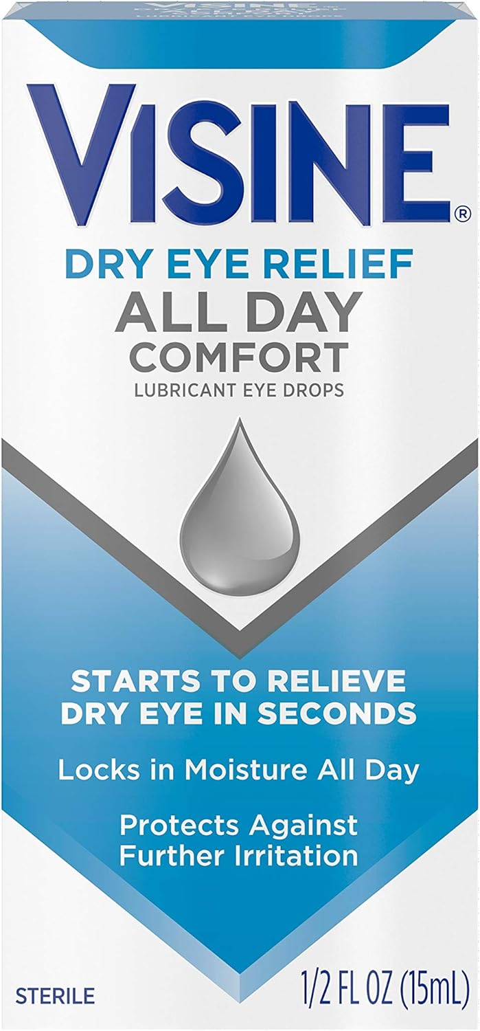 Visine Dry Eye Relief All Day Comfort Lubricant Eye Drops for Up to 10 Hours of Comfort, Dry Eye Drops with Polyethylene Glycol, 0.5 fl. oz