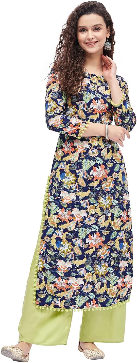 Tissu Women's Rayon Blue & Green Printed Straight Kurta with Palazzo