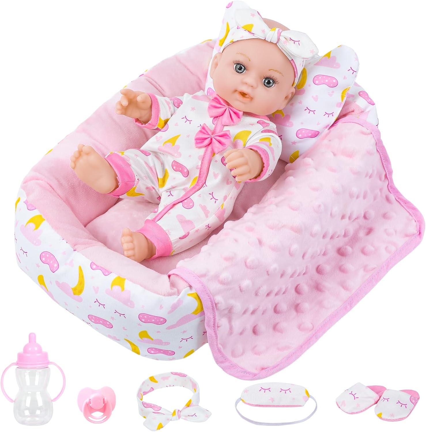 12 Inch Baby Doll Crib Playset with Dolls Clothes and Accessories Including Soft Sleep Bassinet Bed, Bottles, Nipple, Eye Mask, Slippers, Blanket, Pillow, Gift Idea for Ages 3+