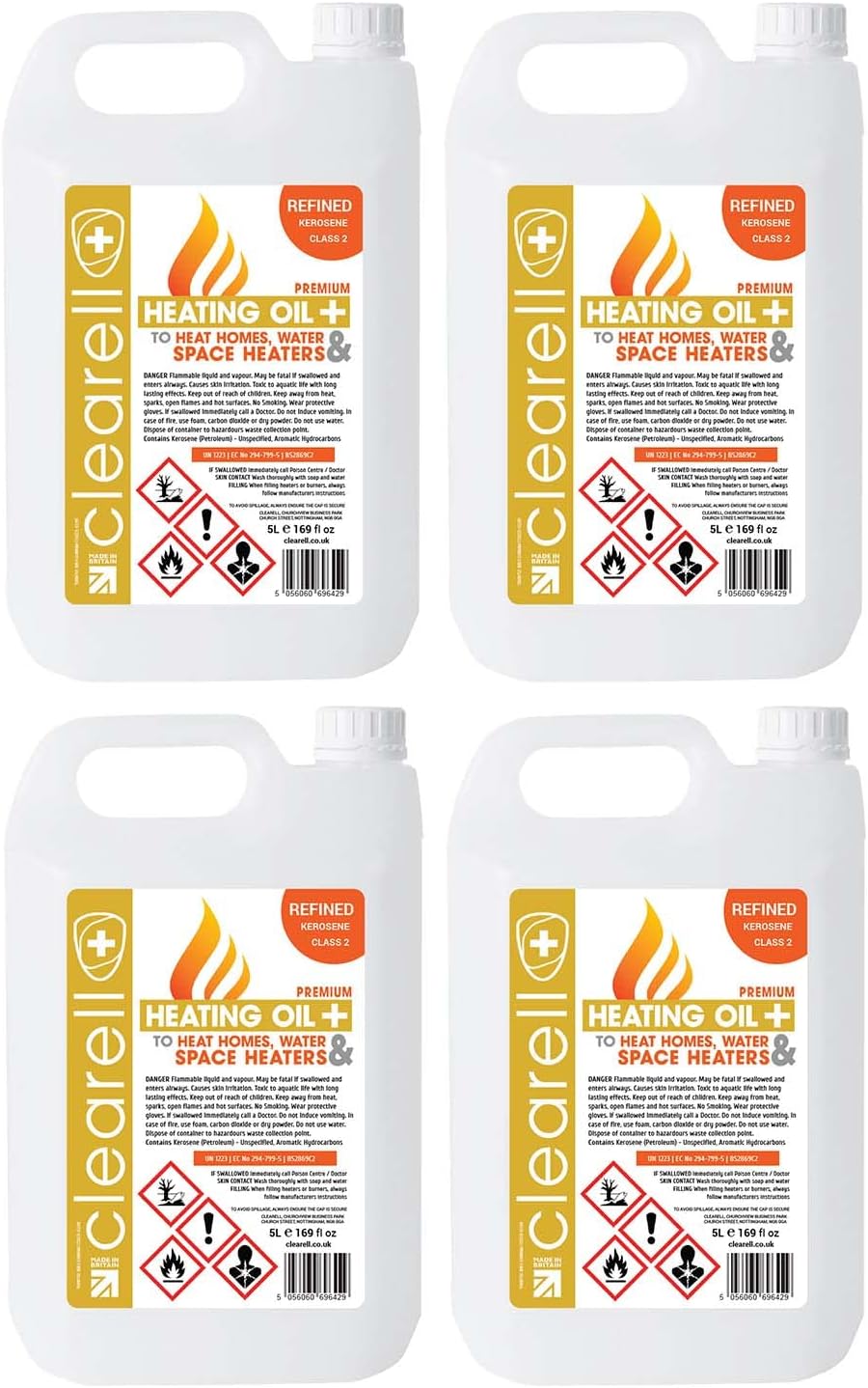 Clearell 20L | Pack of 4 x 5L | HEATING OIL Premium Quality Kerosene for Heaters and Stoves | Compliant to BS2869C2 | Class 2 | 20 Litres