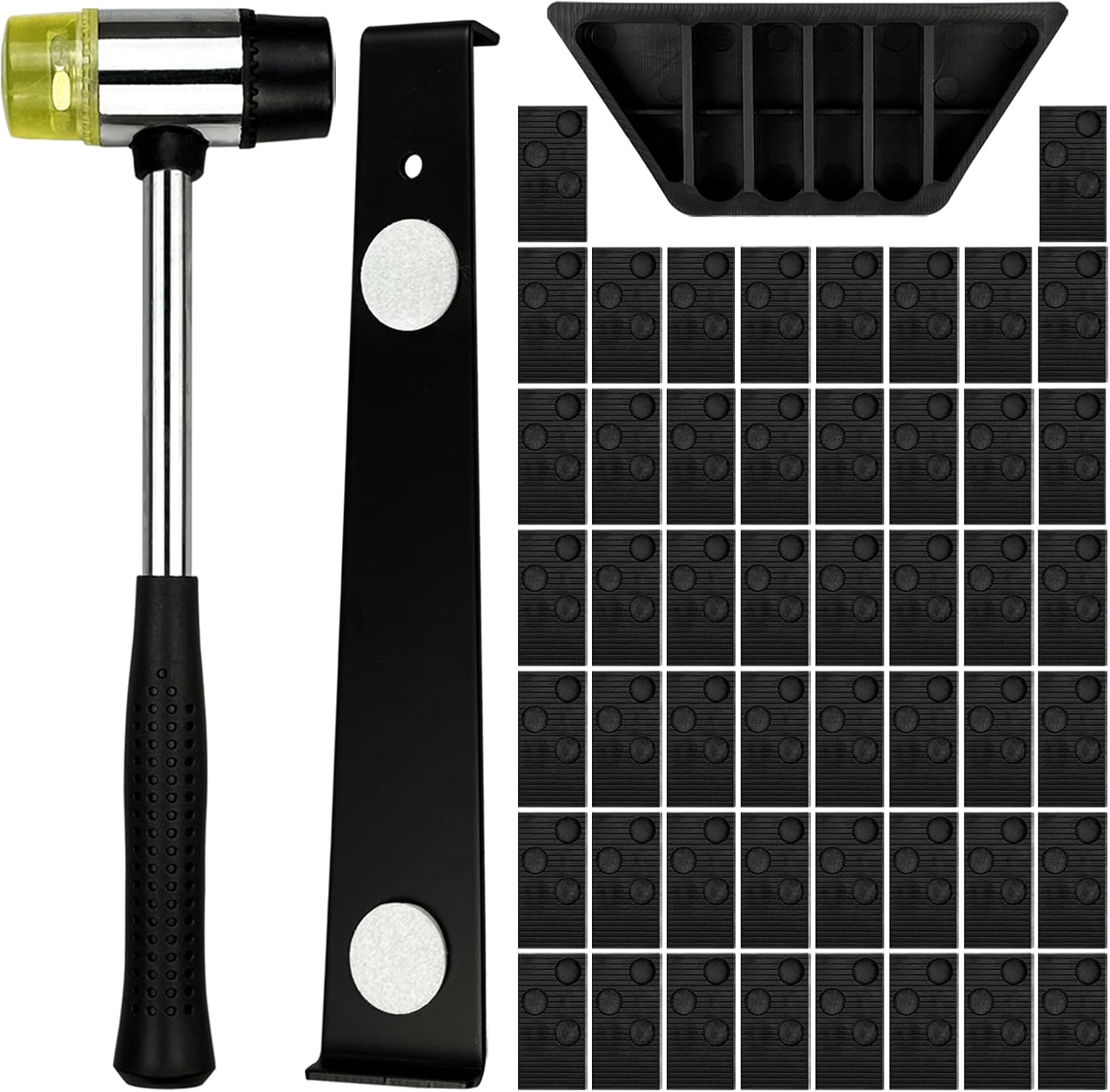 53Pcs Laminate Floor Kit with 50pcs Laminate Floor Spacers, Double Sided Rubber Mallet, Pull Bar, Tapping Block for Woodworking Laminate Flooring Installation