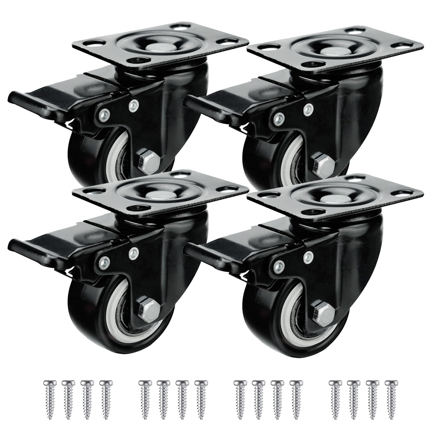 LMS Data Heavy Duty Castors Wheels - 4 Pack 50mm Castor Wheel Screws Set up to 200 KG Weight Moving- Black Quiet Swivel Trolley Wheels for Furniture, Bed (Black - 4 Brakes)