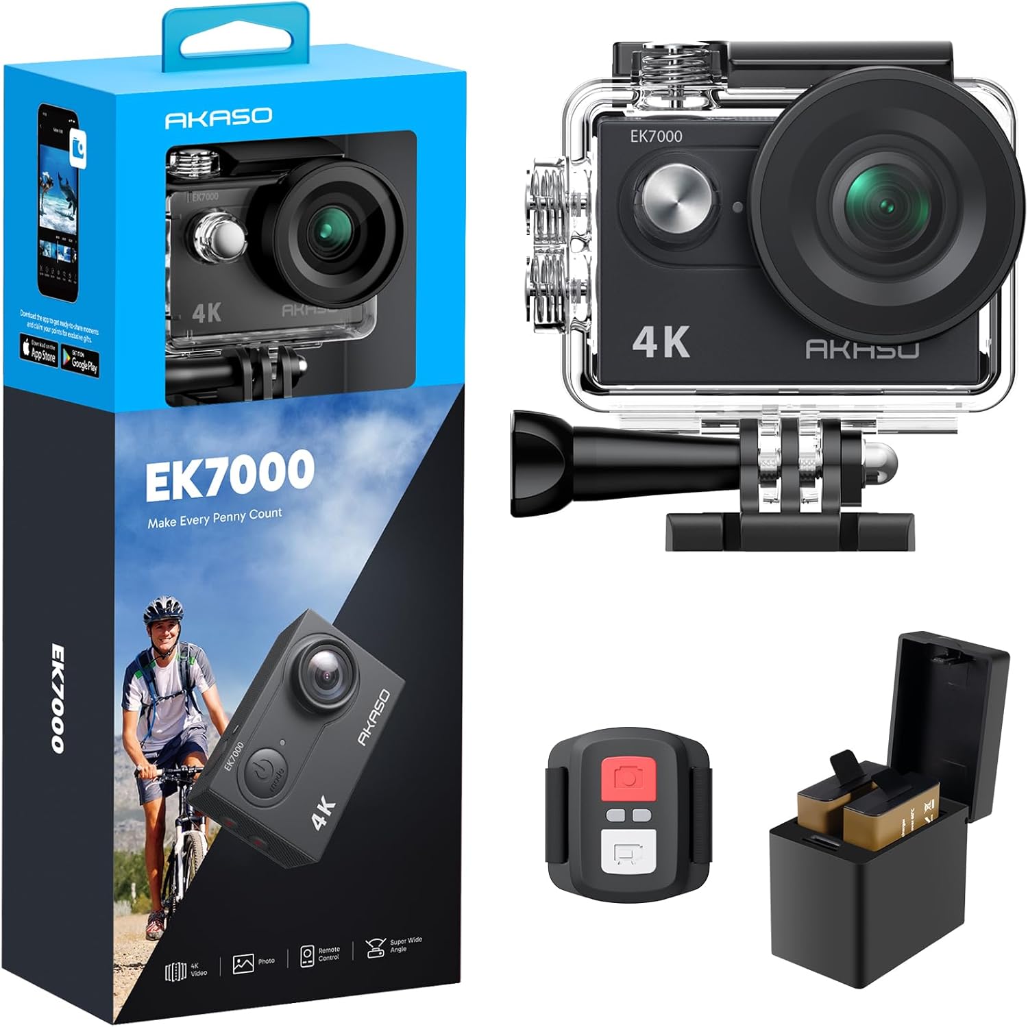 AKASO EK7000 4K30FPS Action Camera - 20MP Ultra HD Underwater Camera 170 Degree Wide Angle Waterproof Camera with Accessory Kit