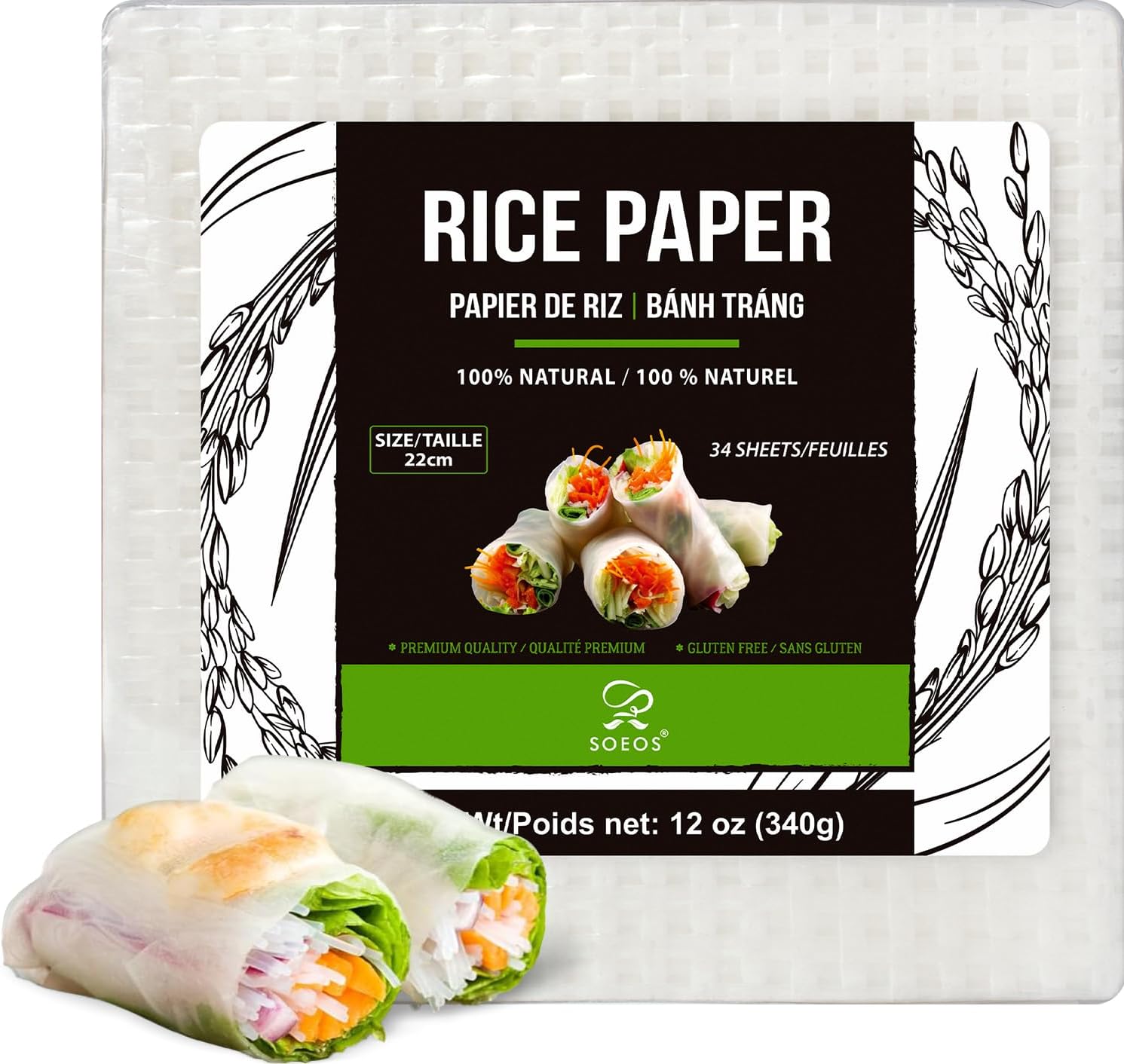 Soeos Rice Paper, 1 Pack, 34 Sheets, Square, 22cm