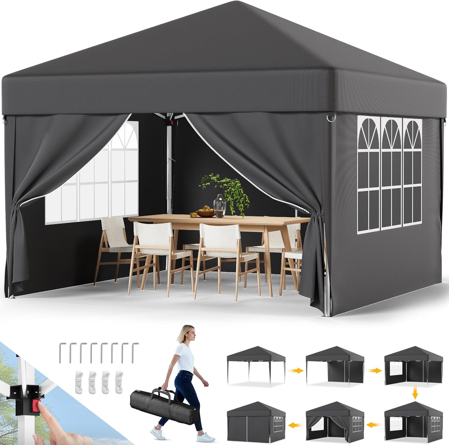 Devoko 3m x 3m Pop Up Garden Gazebo with Sides, Easy Setup Waterproof Marquee Tent with 4 Removable Panels, UV 50+ Canopy, Adjustable Height, Folding Outdoor Shelter for Camping, Events, Grey