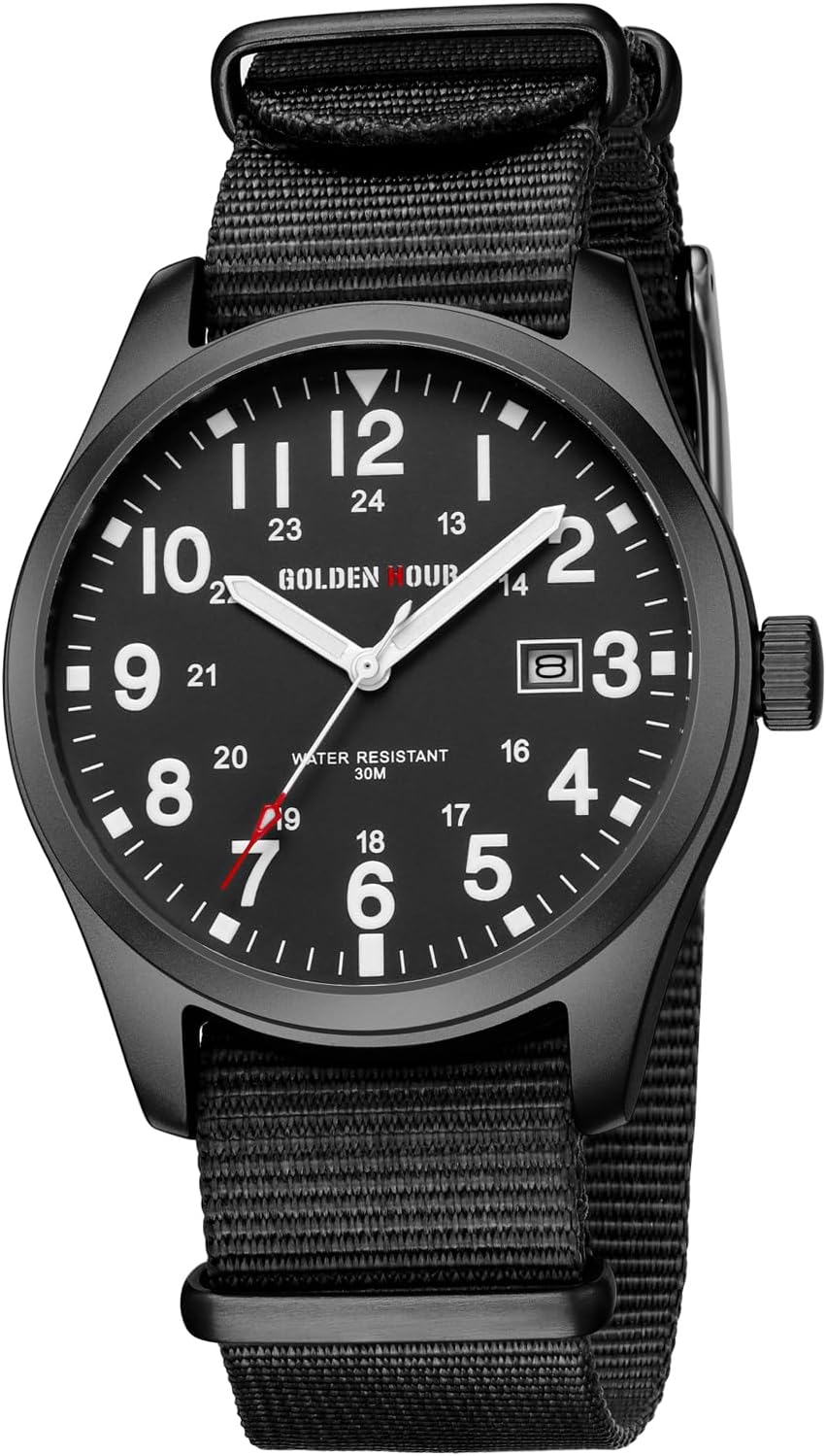 GOLDEN HOUR Men's Nylon Slip-Thru Strap Watch with Military Time Easy Read Dial Glowing Hands