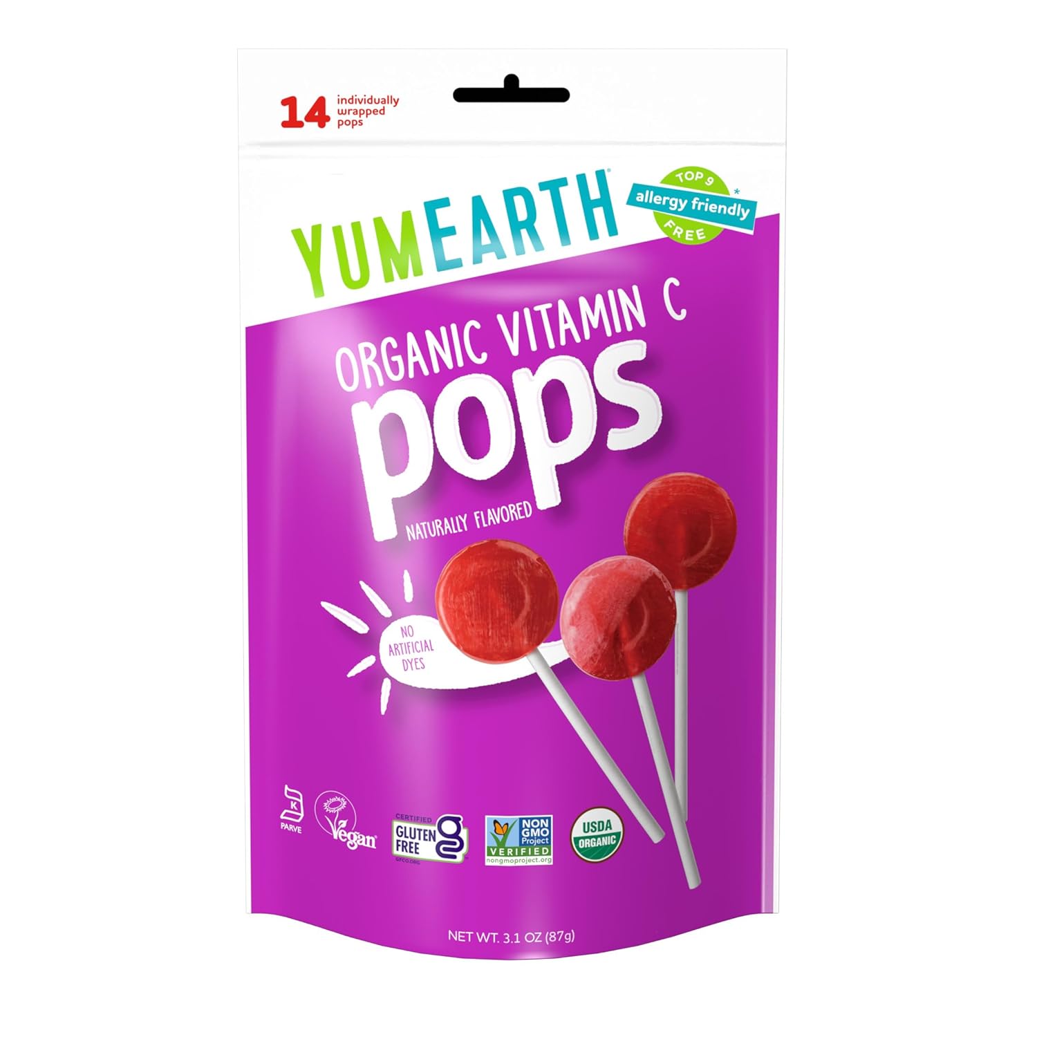 YumEarth Organic Vitamin-C Pops, 14 count, Allergy Friendly, Gluten Free, Non-GMO, Vegan, No Artificial Flavors or Dyes