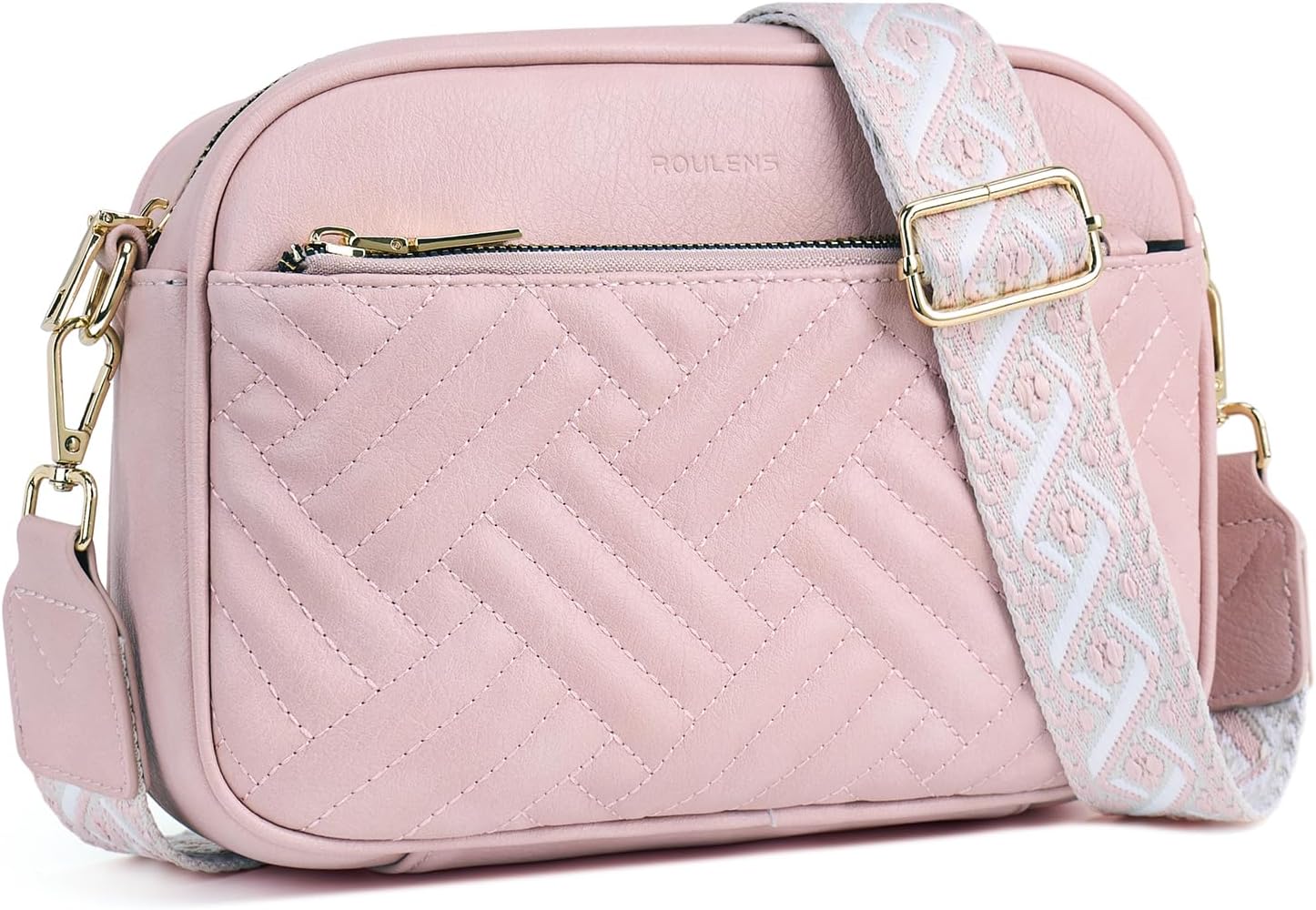 Roulens Small Quilted Crossbody Bags for Women Vegan PU Leather Shoulder Handbags Women's Purses with Wide Strap