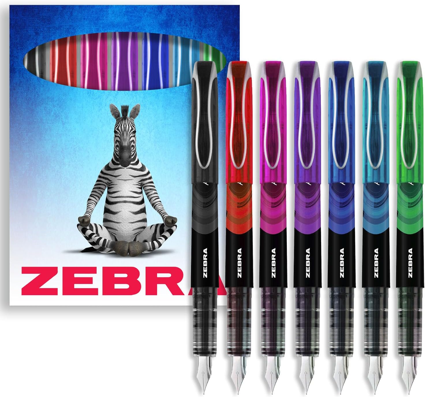 Zebra Fuente Pen - Disposable Fountain Pens - Pack of 7 - Black, Red, Pink, Violet, Blue, Light Blue & Green - In Zebra Cardboard Gift Box