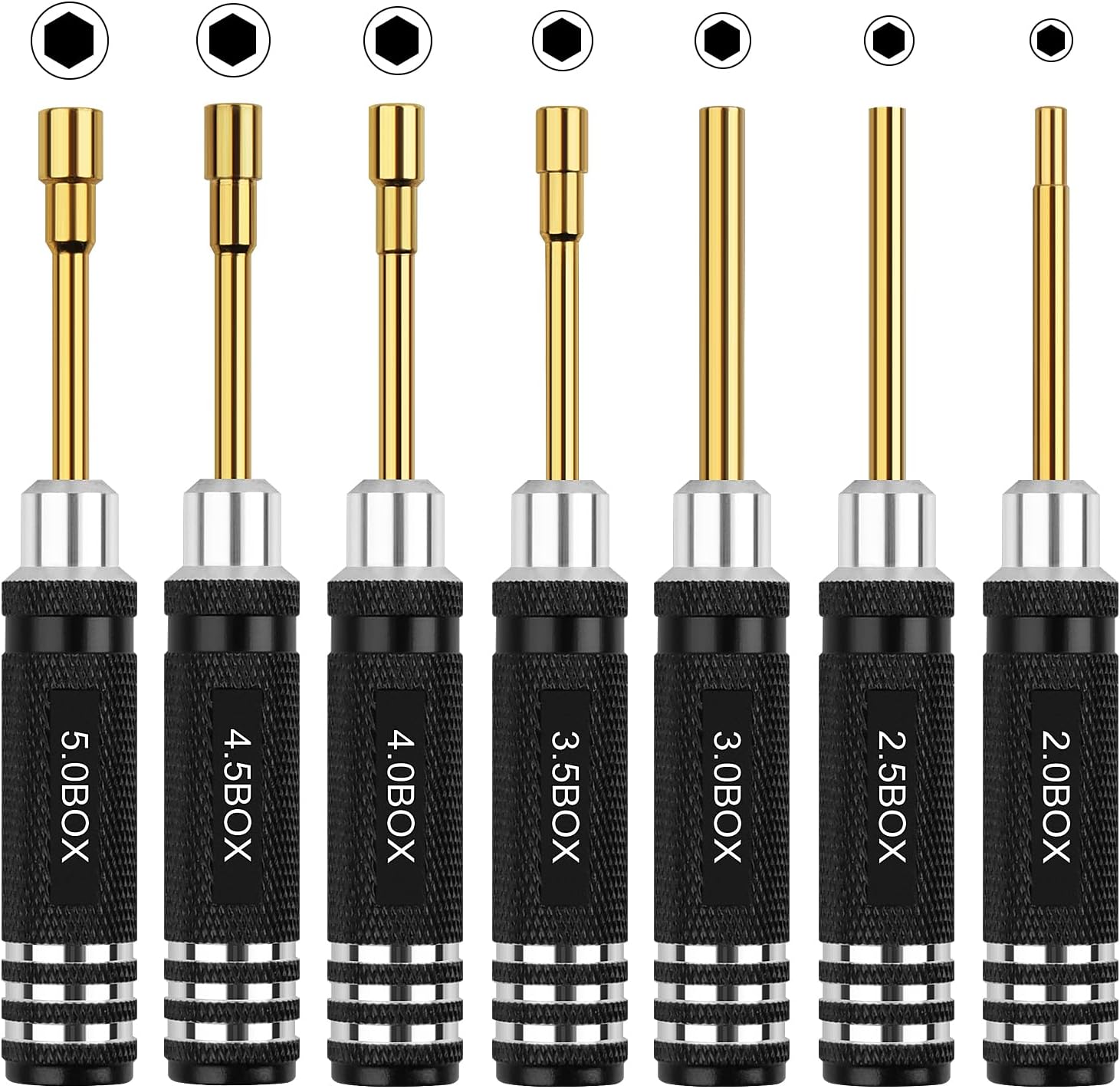 RC Tools Kit 7PCS Hex Nut Screwdriver Set with 5.0/4.5/4.0/3.5/3.0/2.5/2.0 Box Hobby Tools Hexagon Nut Wrench Repair Tools Compatible with SCX24 Traxxas Redcat RC Cars Trucks