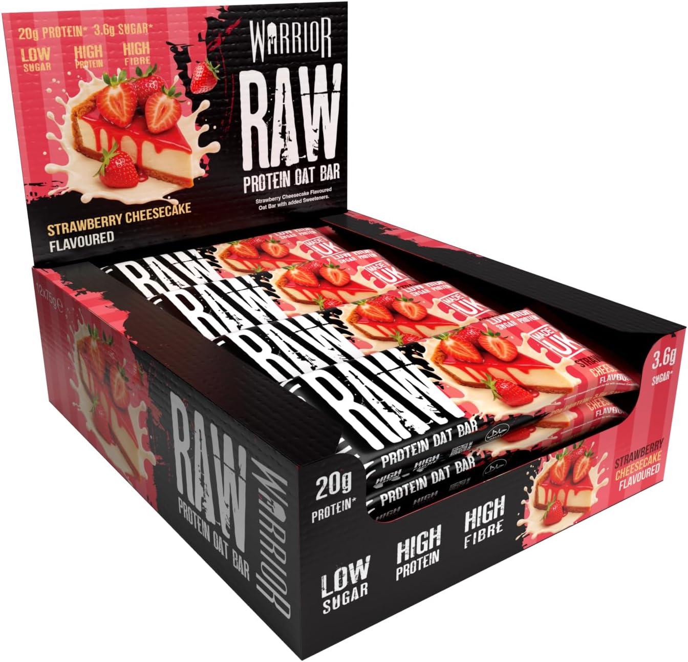 Warrior Raw Protein Bars – 12 x 75g Oat Bar Flapjacks – High Fibre, Low Sugar – Ideal Meal Replacement or Healthy Nutrition Energy Snacks – HFSS/GMP Certified – UK Made (Strawberry Cheesecake)