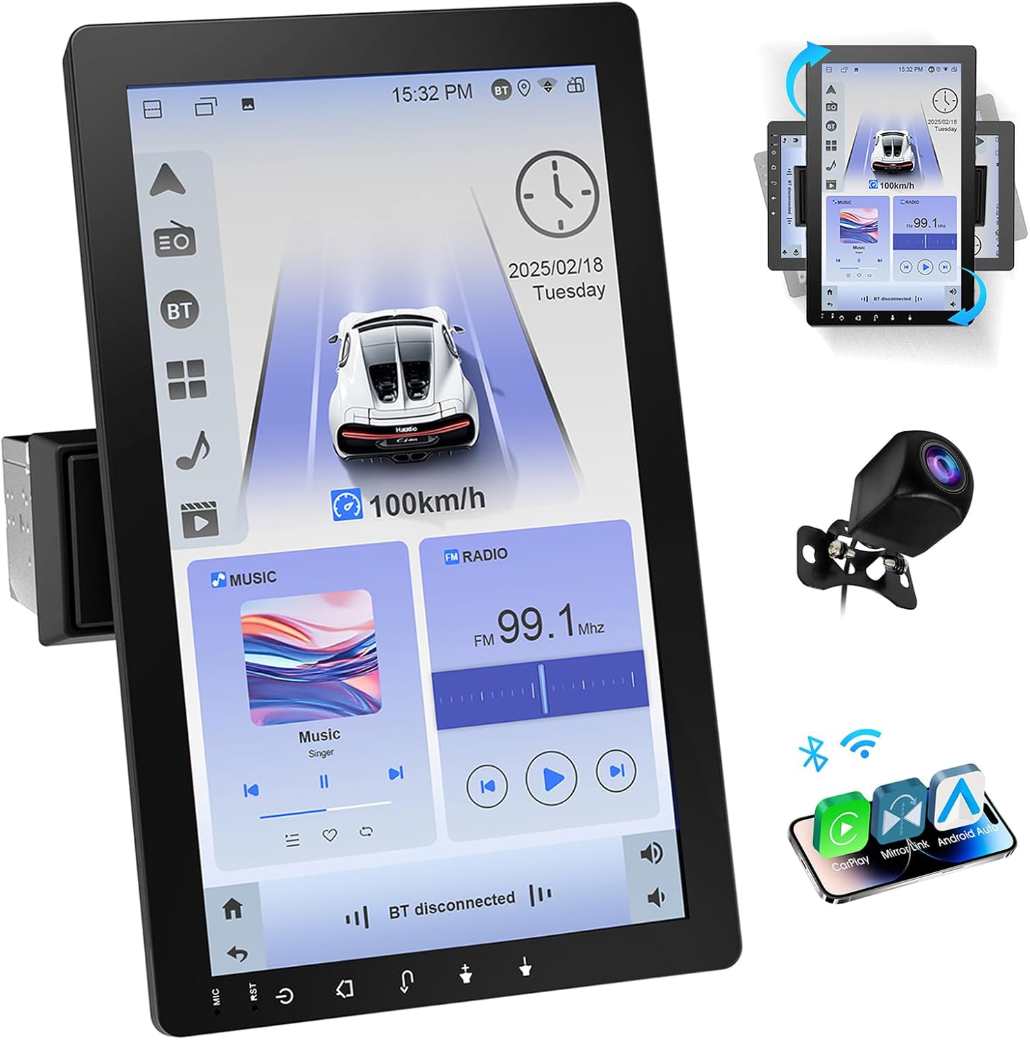 10.1" Rotatable Single Din Car Stereo, 720 * 1280 Touchscreen Car Radio with Wireless Apple Carplay & Android Auto, GPS Navigation, Bluetooth 4.1, HD Backup Camera, FM/AM Radio