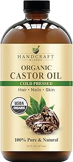Handcraft Blends Cold-Pressed Organic Castor Oil in Glass Bottle - 16 Fl Oz - 100% Pure and Natural - Premium Grade Carrier Oil for Hair Growth, Eyelashes and Eyebrows - Hair and Body