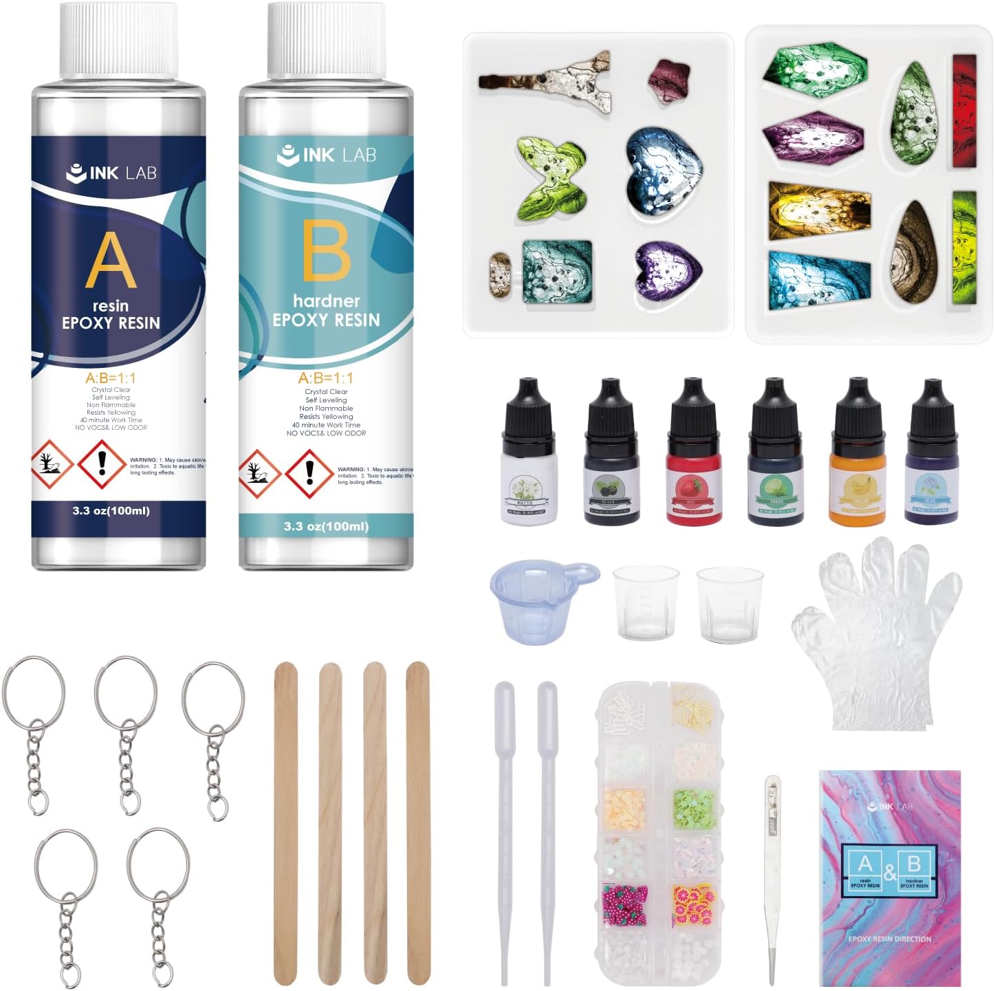 INK LAB Resin Kit for Beginners, Epoxy Resin Crystal Clear Starter Kit for DIY Jewelry Craft with Silicone Molds Key Rings Pigments Glitter Accessories Coating and Casting Art Resin