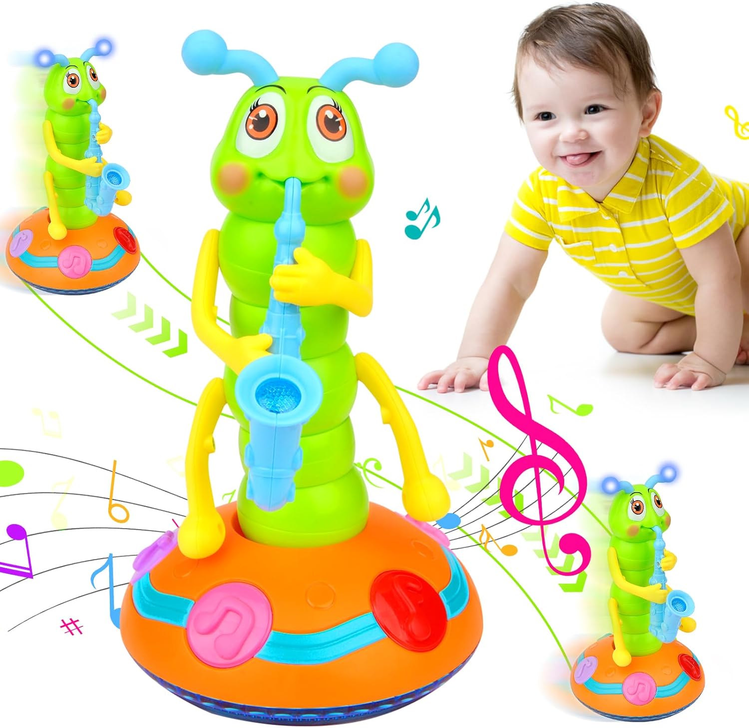 Pipihome Dancing Singing Crawling Caterpillar Toy - Light Up Musical Sensory Toy for Babies 6-12 Months, Toddlers 1-4 Years Old (Pink Blue Tentacles Random)