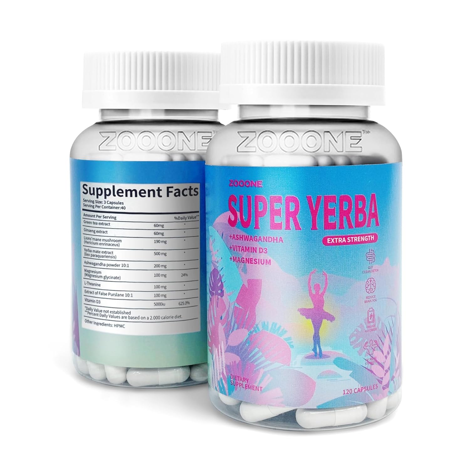 Zooone Super Yerba Mate Capsules-Yerba Brain Formula with Lion's Mane-Gut Health, Focus, Memory, Energy Supplement, Yerba Mate Tea Alternative with Natural Caffeine-120 Capsules