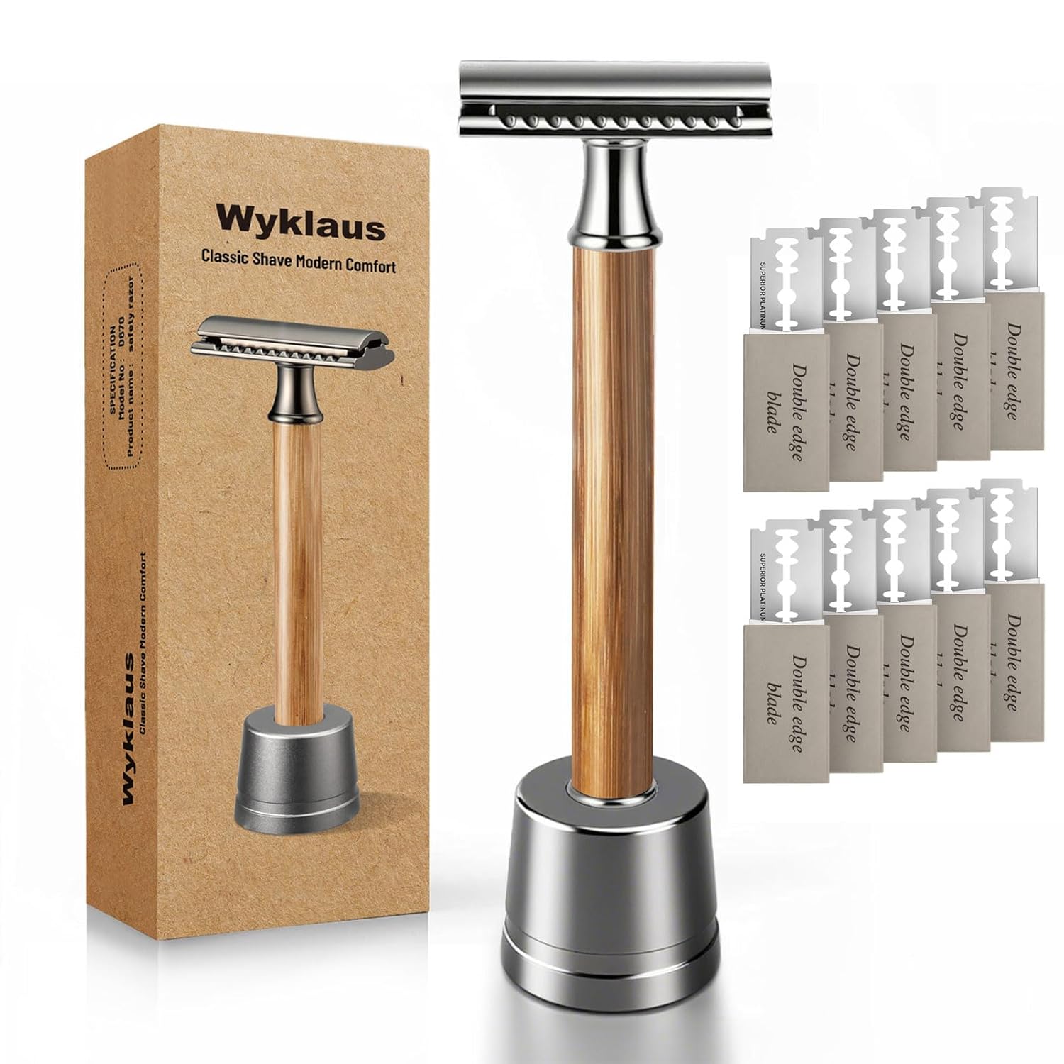 Double Edge Safety Razor: Premium Metal Single Blade Face Razor for Men & Women, Eco-Friendly Bamboo Handle & 10 Double Edge Blades