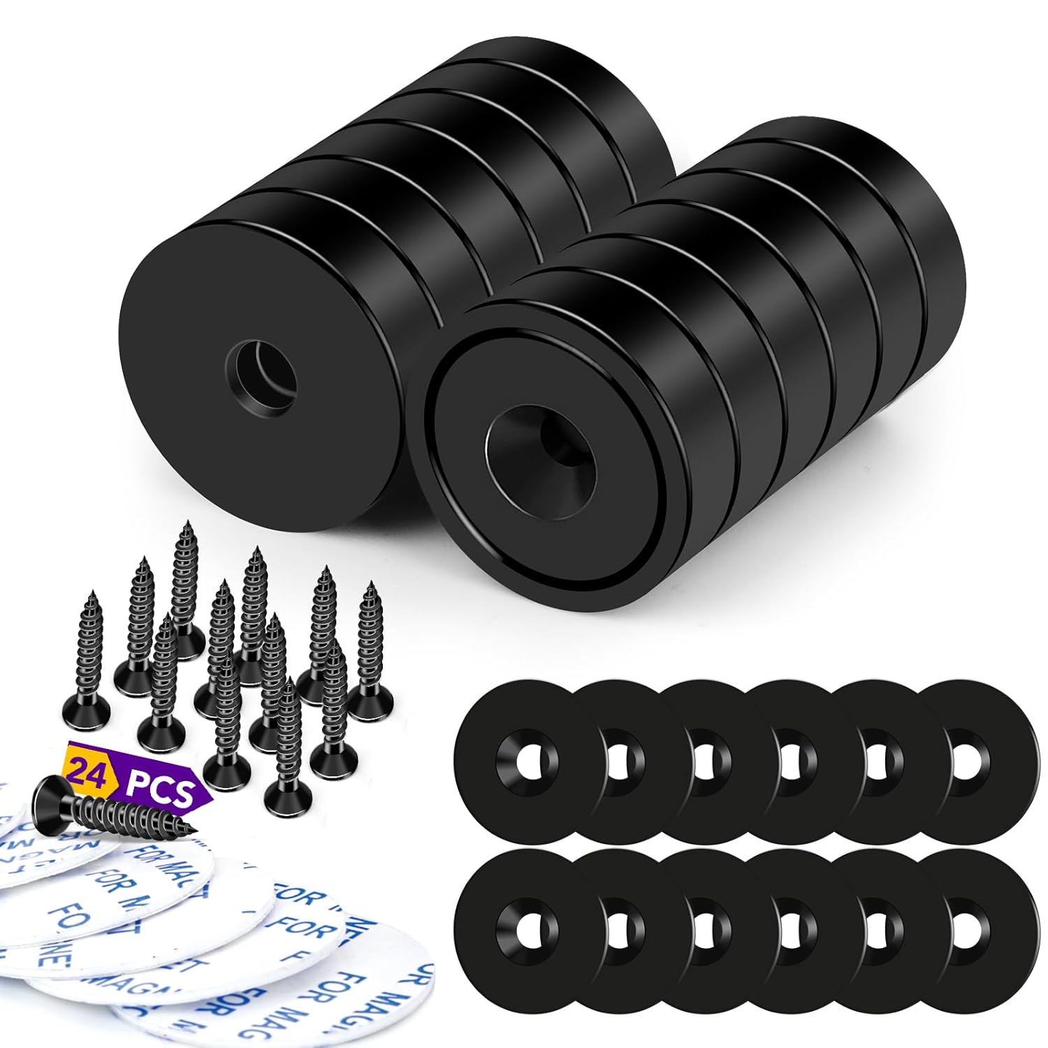 TRYMAG 12 Pack Rare Earth Magnets, 40LB Strong Neodymium Cup Magnets with Holes for Hanging and Wall Mounting, Steel Capsule Cabinet