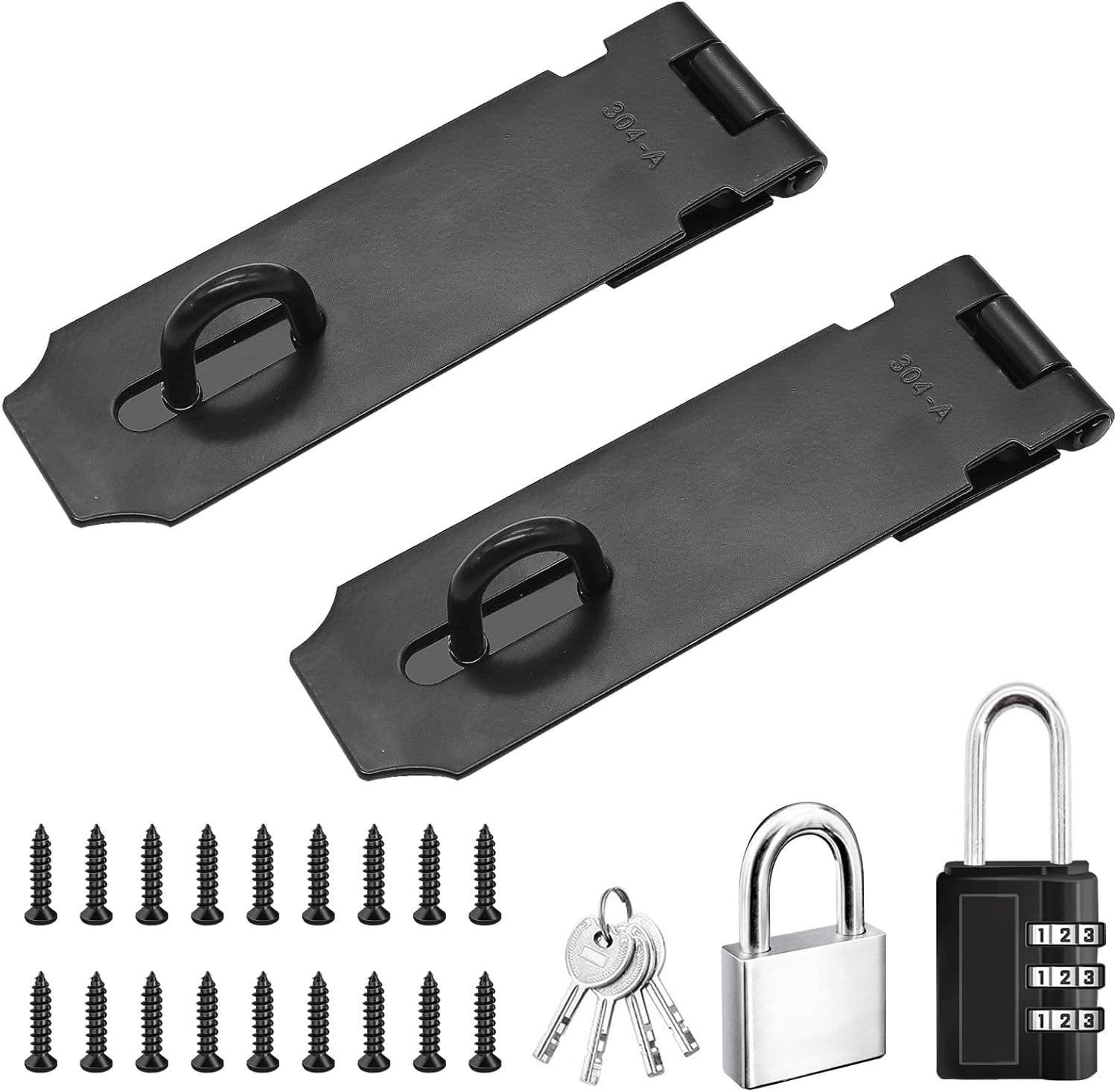 5 Inch Door Locks Hasp Latch 2 Pack,304 Stainless Steel Safety Padlock Clasp Hasp Lock Latch with Combo Lock & Padlock,Heavy Duty Gate Latch Lock with Screws(Black)