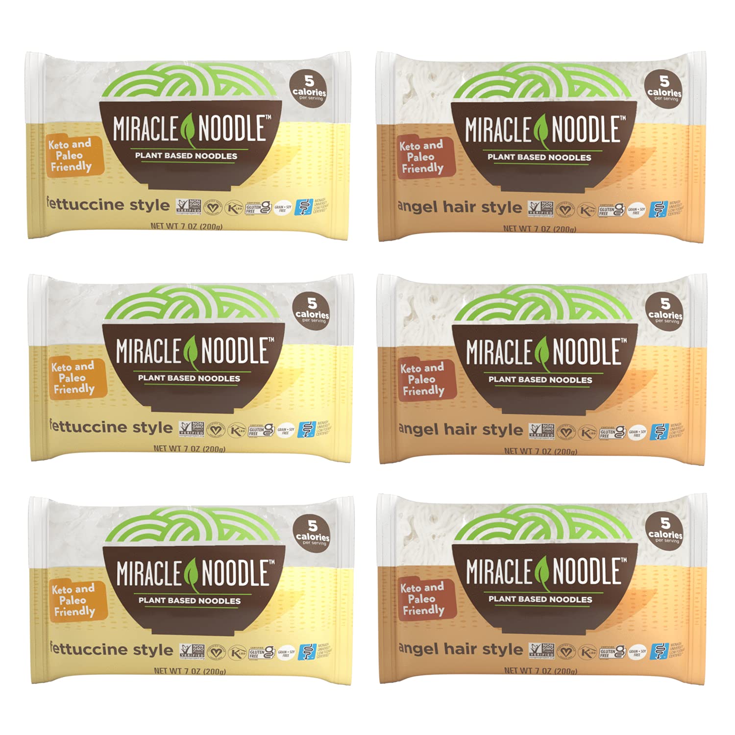 Miracle Noodle Variety Pack (Pack of 6), Angel Hair, Fettuccine, Plant Based Shirataki Konjac Noodles, 5 Calories, 1g Net Carbs Per Serving, Keto, Gluten-Free