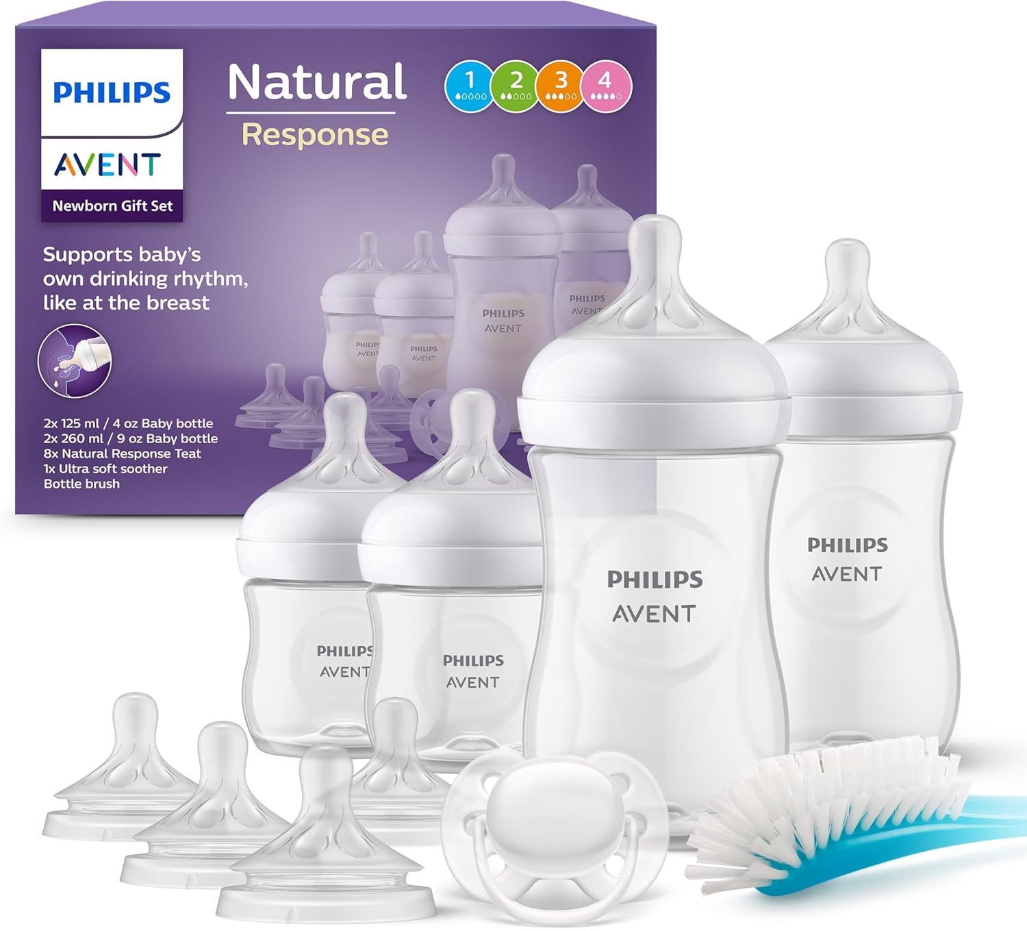 Philips Avent Baby Bottle Newborn Gift Set - 4 Baby Milk Bottles, Ultra-Soft Pacifier and Bottle Brush, Babies Aged 0-12 Months+ (Model SCD838/11)
