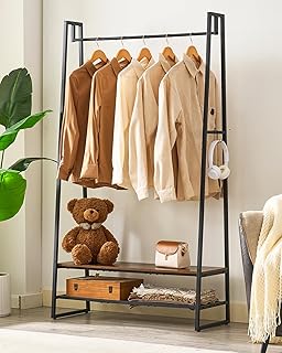Clothing Rack, Clothes Rack for Hanging Clothes, Garment Rack with 2 Shelves and 4 Hooks, Metal Standing Clothes rack for Bedroom, Closet, Rustic Brown