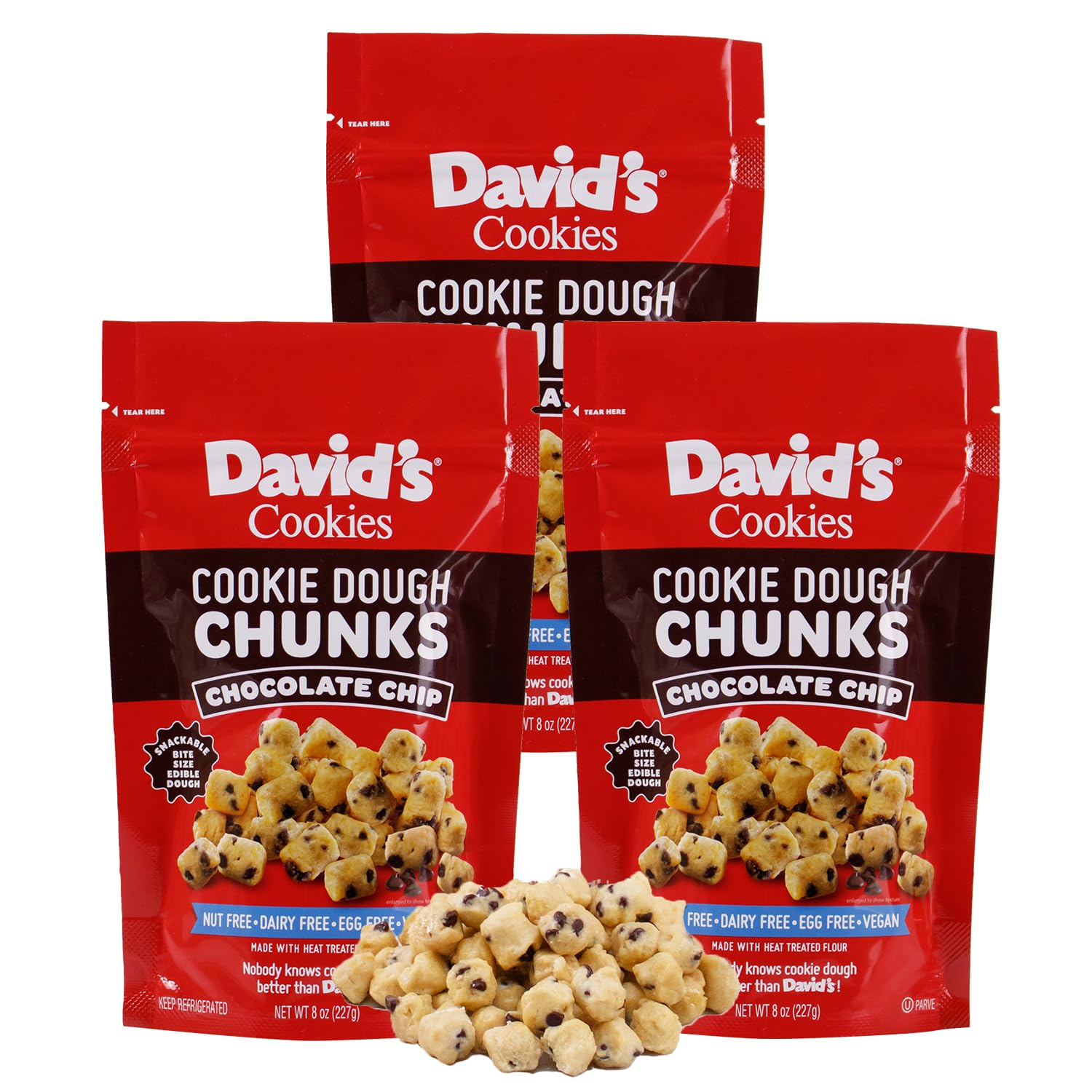 David’s Cookies Chocolate Chip Edible Cookie Dough Chunks – 3 Bags (8oz Each) – Vegan, Nut-Free, Dairy-Free, Egg-Free – Classic Chocolate Chip Cookie Dough Bites – w/Heat-Treated Flour, Go-to-Snack