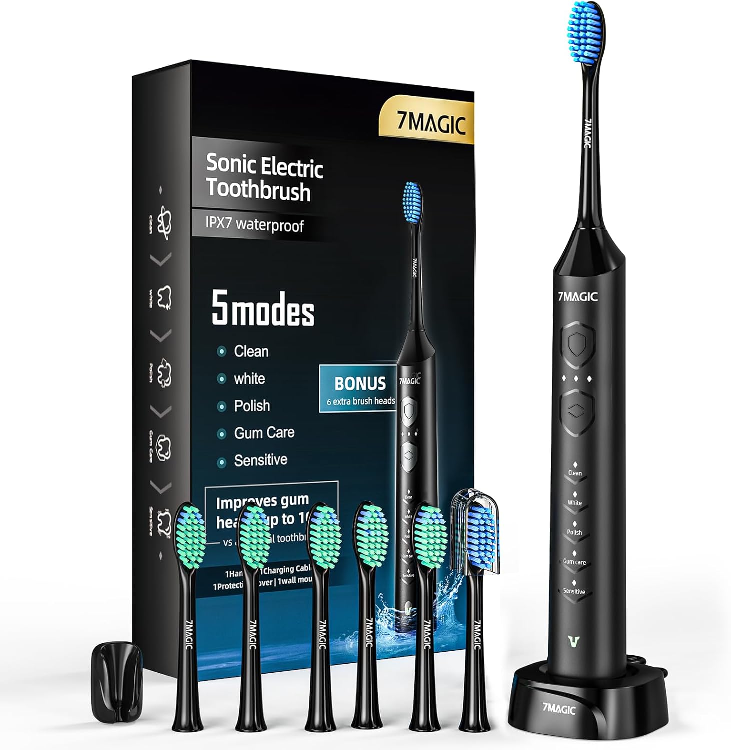 Electric Toothbrush, Sonic Toothbrush, Electric Toothbrush Adult with 3 Intensities 5 Modes, 40000 VPM & IPX7, Ultrasonic Toothbrush Electric with 90-Day Battery Life and Timer, Knight Black