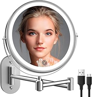 Rechargeable Wall Mounted Lighted Makeup Vanity Mirror 8 inch 1X/10X Magnifying Bathroom Mirror with 3 Color Lights, Double Sided with Dimmable LED Lights, Extended Arm 360° Swivel Extension Mirror