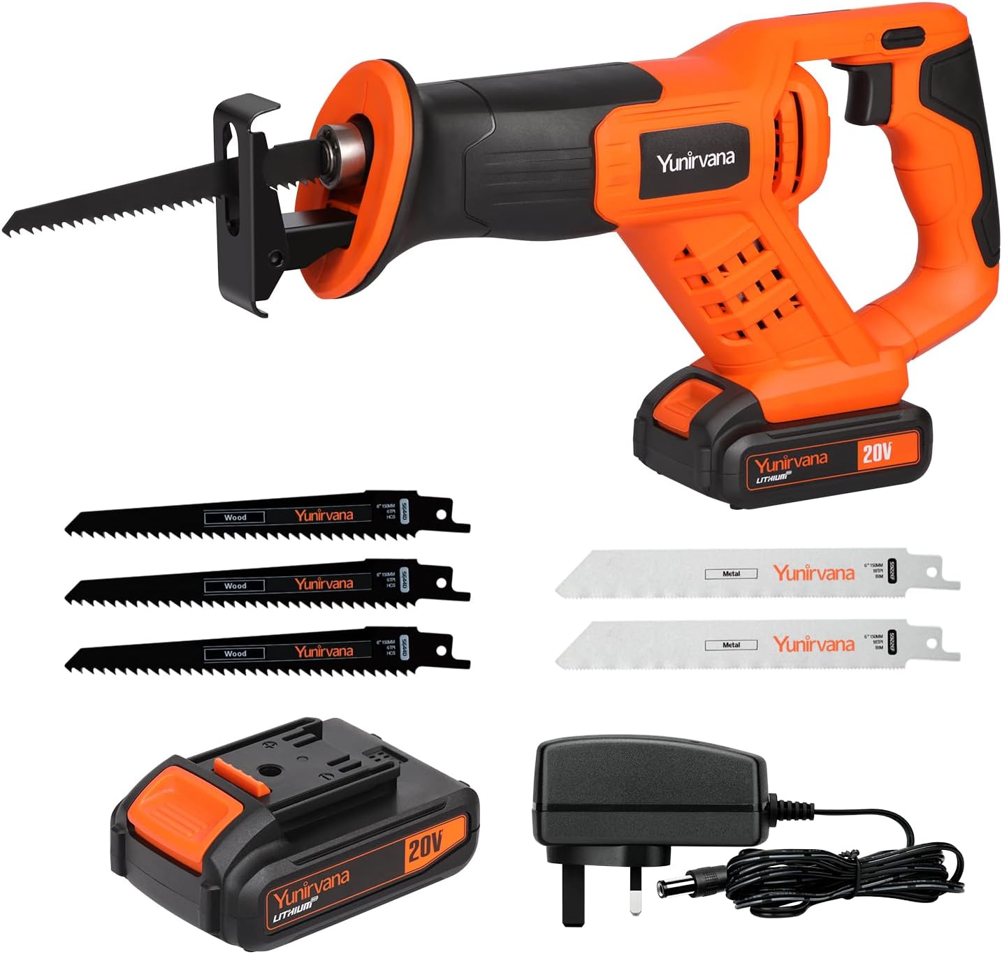Yunirvana 20V Cordless Reciprocating Saw, 0-3000 SPM Variable Speed, Tool-Free Blade Change, Includes 3 Wood Blades & 2 Metal Blades, with 2000mAh Battery & Fast Charger