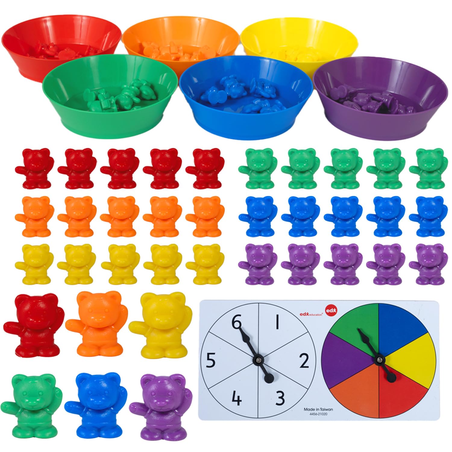 edxeducation Counting Bears with Matching Bowls | Early Maths Resources | 68 pc Set | 60 Bear Counters, 6 Bowls & 2 Game Spinners