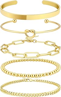 14K Gold Plated Bangle Cuff Bracelet Set for Women Bracelet Stack Adjustable Tennis/Beaded/Paperclip/Cuban Link Chain Bracelets Jewelry