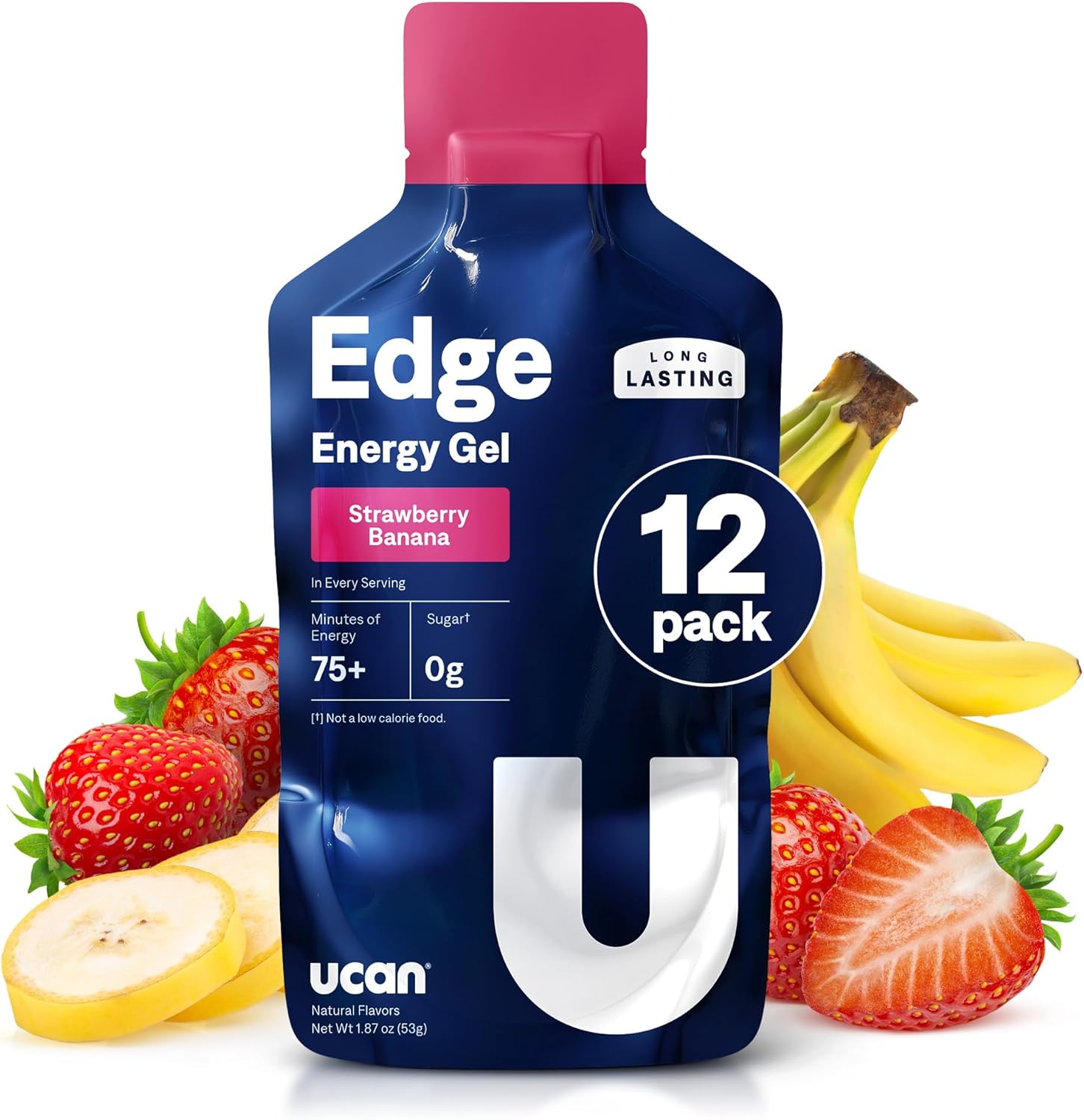 UCAN Edge Energy Gel Shots, Strawberry Banana (12, 2 Ounce Packets) for Running, Training, Workouts, Fitness, Cycling, Crossfit | Sugar-Free, Vegan, & Keto Friendly Energy