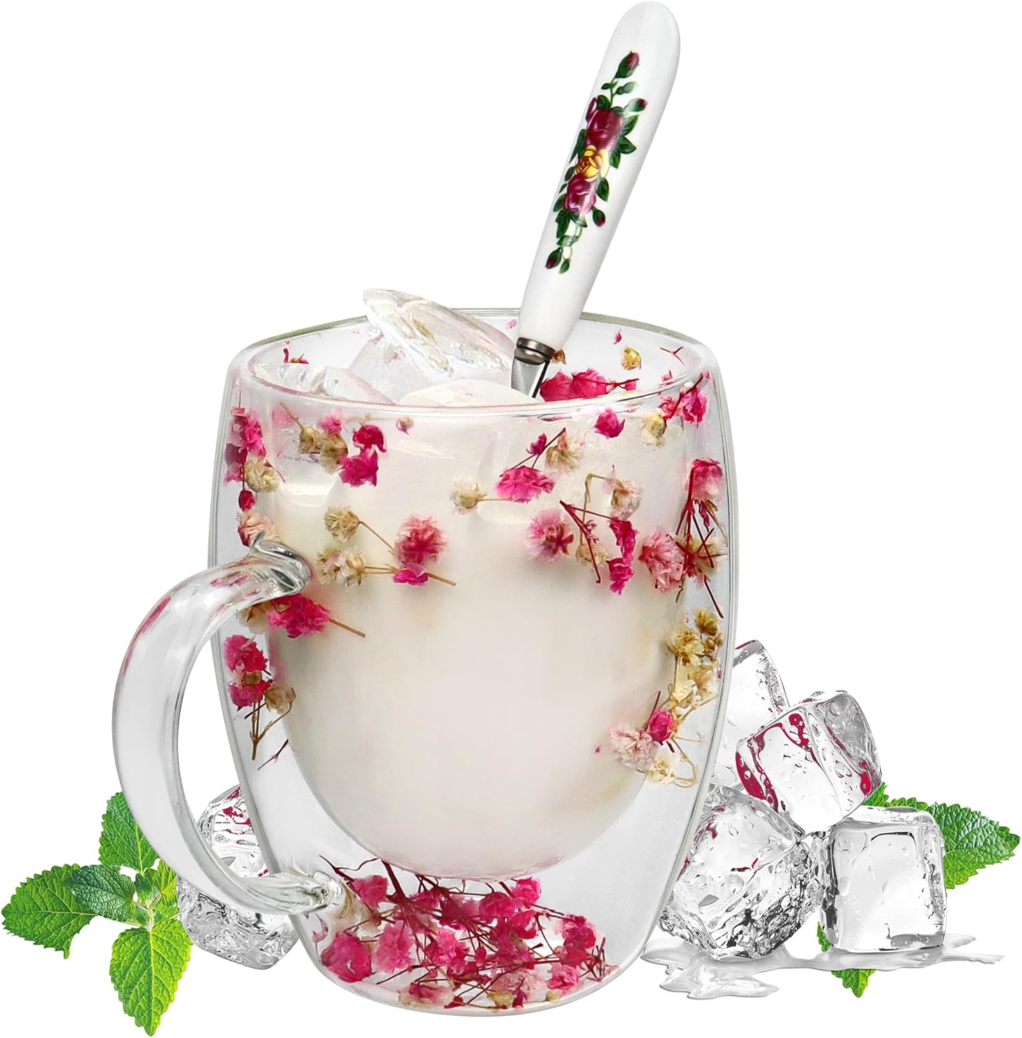 Dry Flowers Glass Coffee Mugs with Spoon 350 ML,Double Walled Glass Mugs Insulated Tea Cup with Handle Heat Resistant Glasses Drinking for Coffee Tea Milk Juice Ideal Gifts for Women Birthday