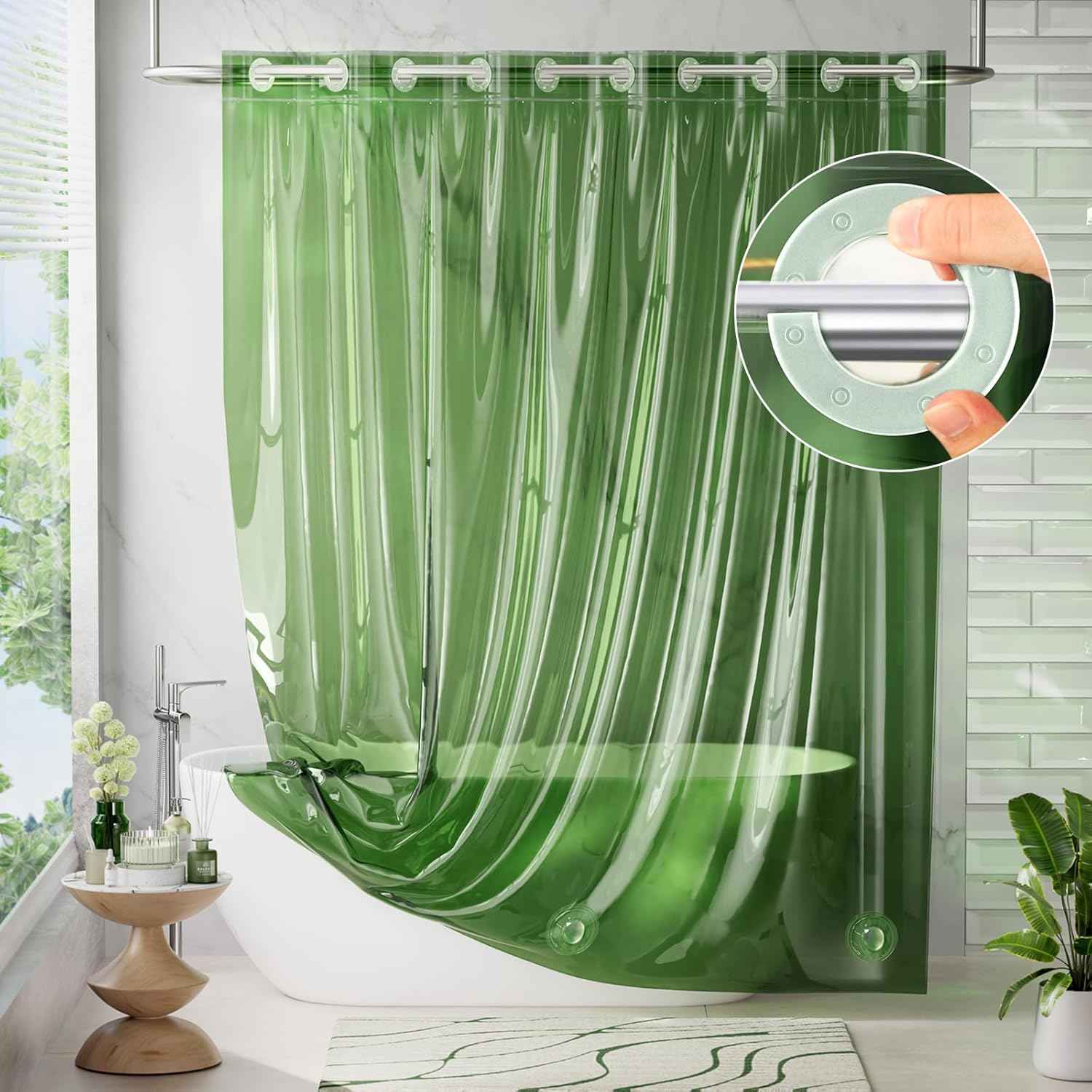 AmazerBath No Hook Shower Curtain and Liner 3-in-1, Luxury Heavy Duty Clear Green No Hook Shower Curtain Liner, 72x75 Cute 100% EVA Bathroom Weighted Plastic Shower Curtain with 3 Heavyweight Stones