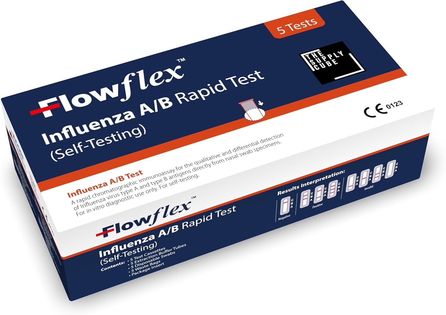 Supply Cube Influenza A/B Rapid Test Kit - Easy to Use Self Testing Influenza Flu Virus Test Kit - One Step Test for Flu - Quick Self Test at Home with Nasal Swab - 5 Pack