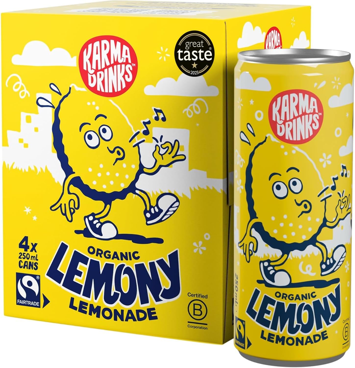 KARMA DRINKS Lemony (250ml x 4 Cans Soft Drink) - Organic, Gluten Free Organic Cola, Natural Ingredients, FairTrade, Vegan Friendly, No GMO, Carbonated Fizzy Drinks 4 Pack