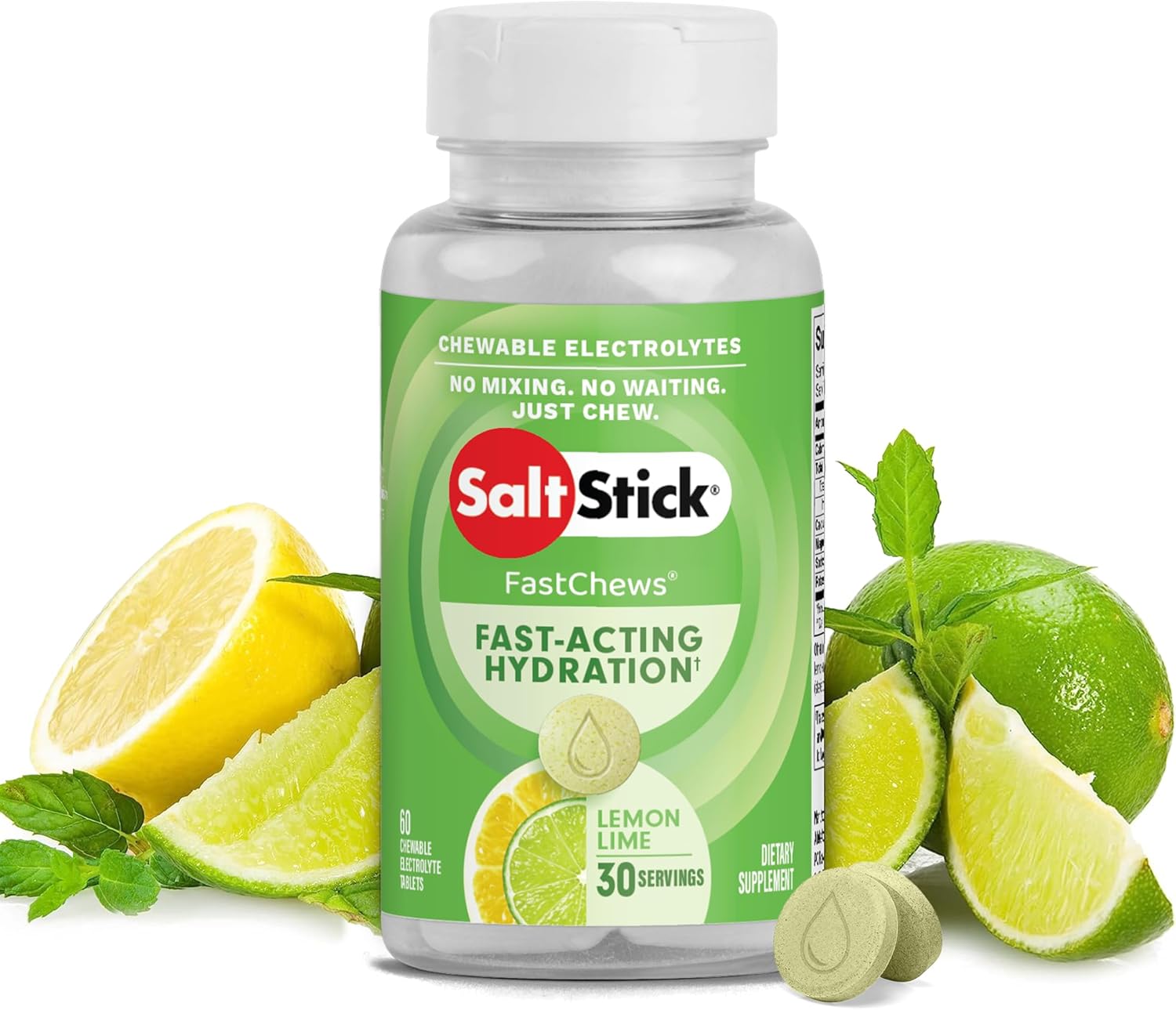 SaltStick FastChews Electrolytes - 60 Chewable Electrolyte Tablets - Lemon Lime Flavor - Salt Tablets for Running, Fast Hydration, Leg Cramps Relief - Non-GMO, Vegan, Gluten Free