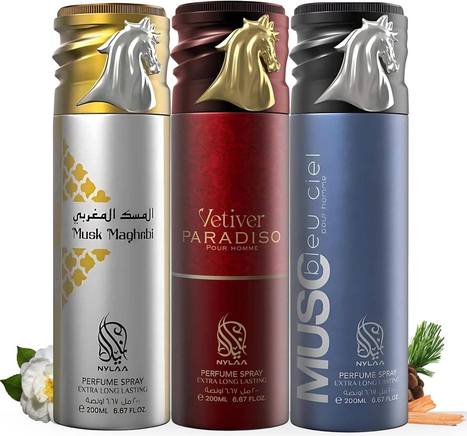 Nylaa Perfume Deodorant Body Spray 200ml - Aerosol Men and Women - Body Mist Fragrance Non-Staining - Extra Long Lasting Arabic Perfume Oud Floral Vanilla Fresh Scents- Pack of 3 (Variety Pack)
