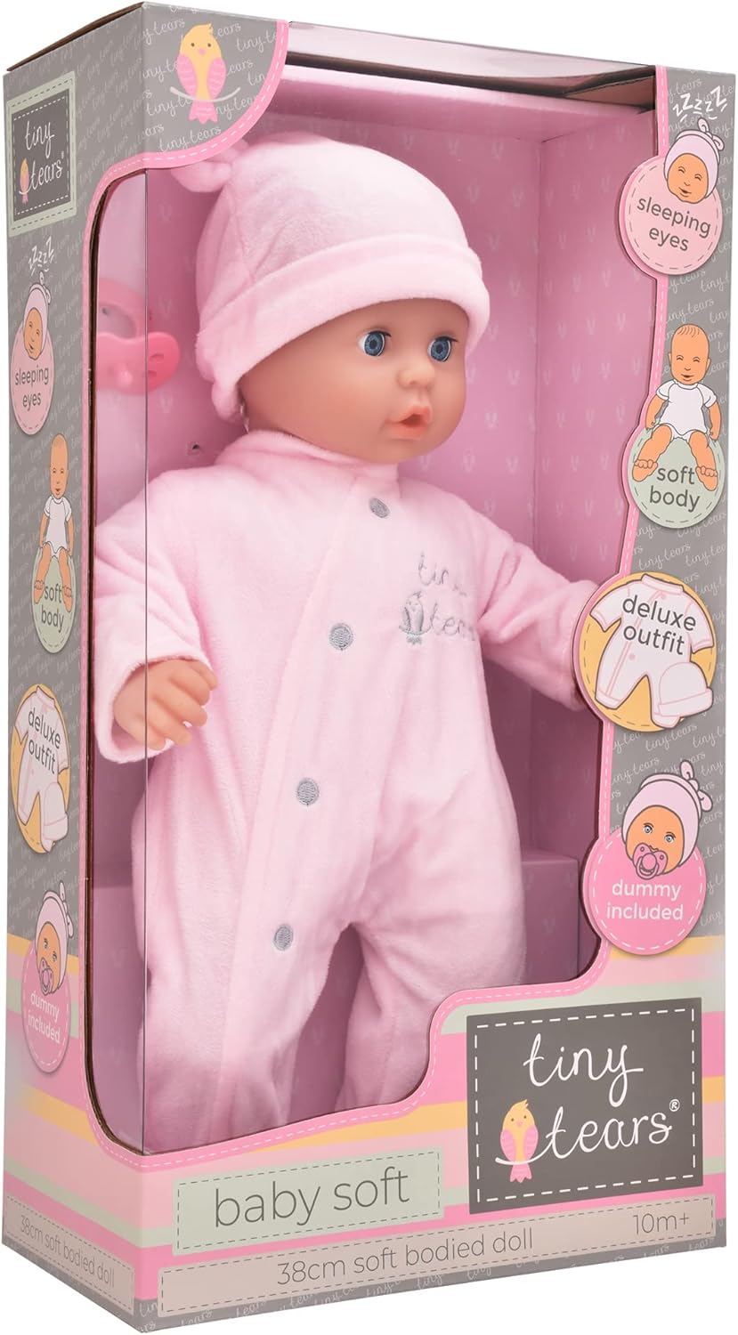 John Adams | Tiny Tears - Baby Soft - 38cm soft bodied doll in pink outfit: One of the UK's best loved doll brands! | Nurturing Dolls| Ages 10m+