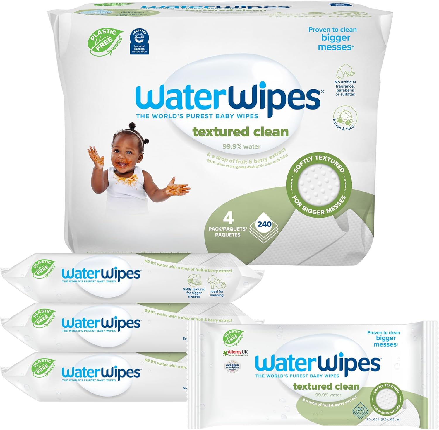 WaterWipes Plastic-Free Textured Clean, Toddler & Baby Wipes, 99.9% Water Based Wipes, Unscented & Hypoallergenic for Sensitive Skin, 60 Count (Pack of 4), Packaging May Vary