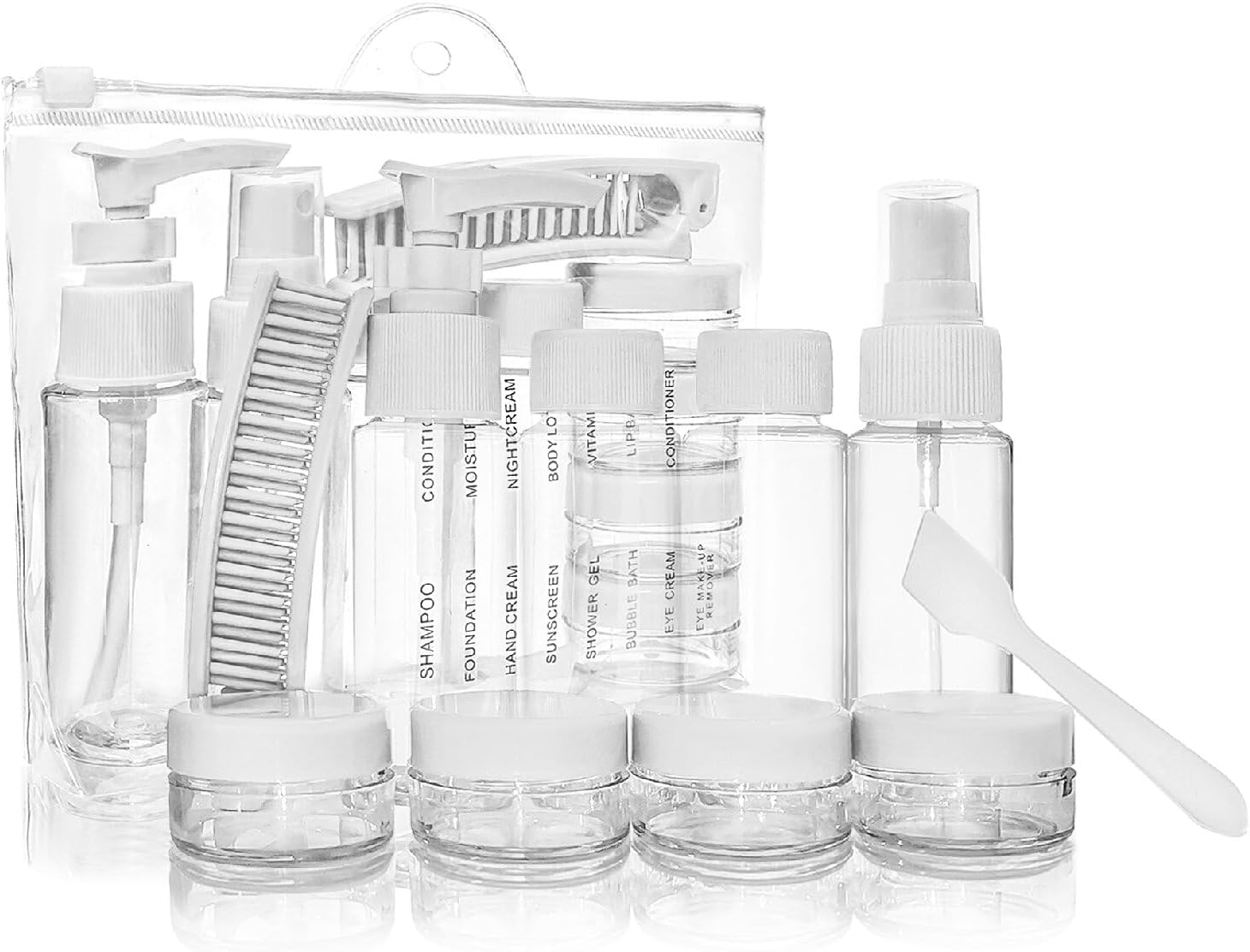 Portable Travel Bottles Kit, Upgraded TSA Approved Leak Proof Toiletry Containers Set, Clear PET Flight Size Cosmetic Containers for Lotion, Shampoo, Cream, Soap, Set of 12, White