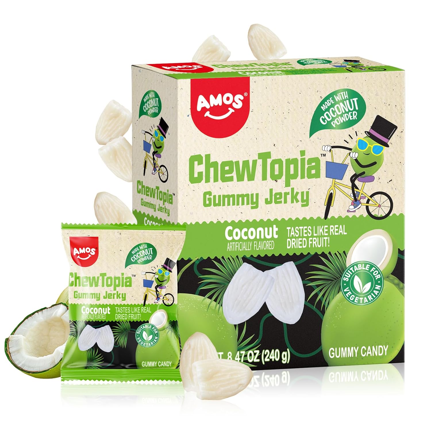Amos ChewTopia Coconut Gummy Jerky – Vegan Chewy Fruit Snack, Tastes Like Real Dried Fruit, Easter Candy, 8.47oz Box with 9 Shareable Packs (1 Pack)