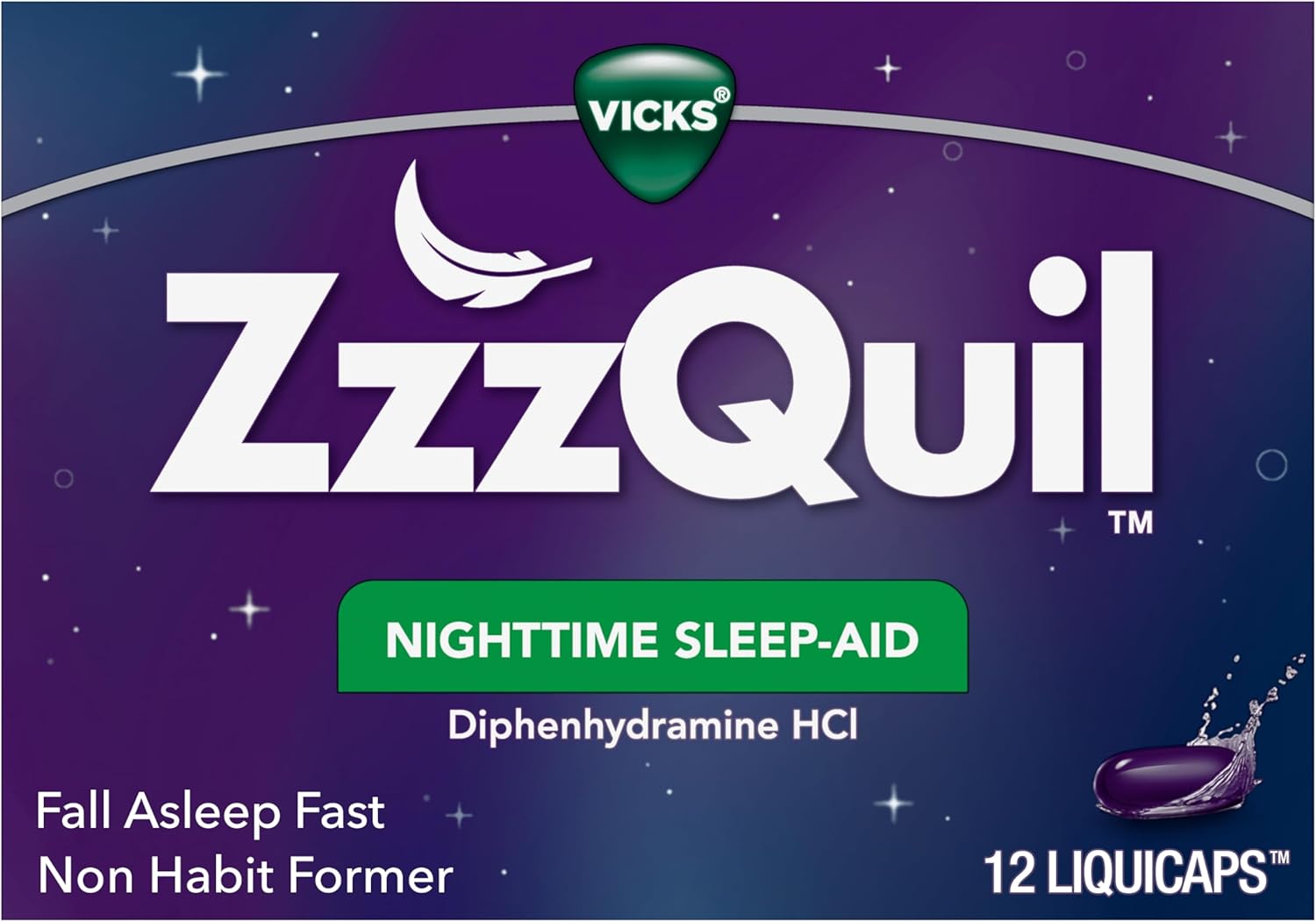 ZzzQuil, Nighttime Sleep Aid LiquiCaps, 25 mg Diphenhydramine HCl, No.1 Sleep-Aid Brand, Non-Habit Forming, Fall Asleep Fast, 12 Count