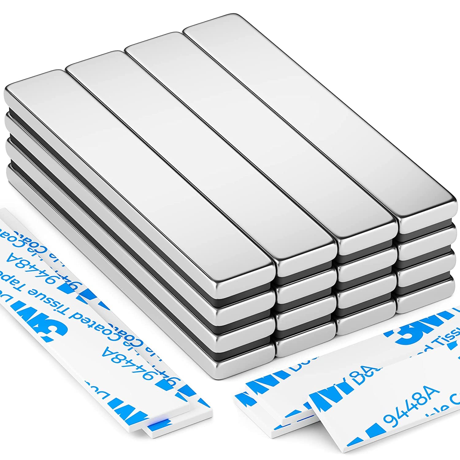16 Pack Strong Magnet, Neodymium Magnetic Bar, 60 x 10 x 3 mm Rare Earth Magnet, Bar Magnets, Extremely Powerful Magnets with 16 Pcs Double-sided Adhesive for Multi-Use